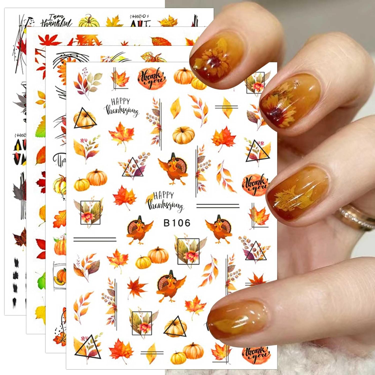 JMEOWIO 12 hojas de calcomanías de arte de uñas de otoño y otoño, pegatinas autoadhesivas para uñas, calabaza, hoja de arce, Acción de Gracias,