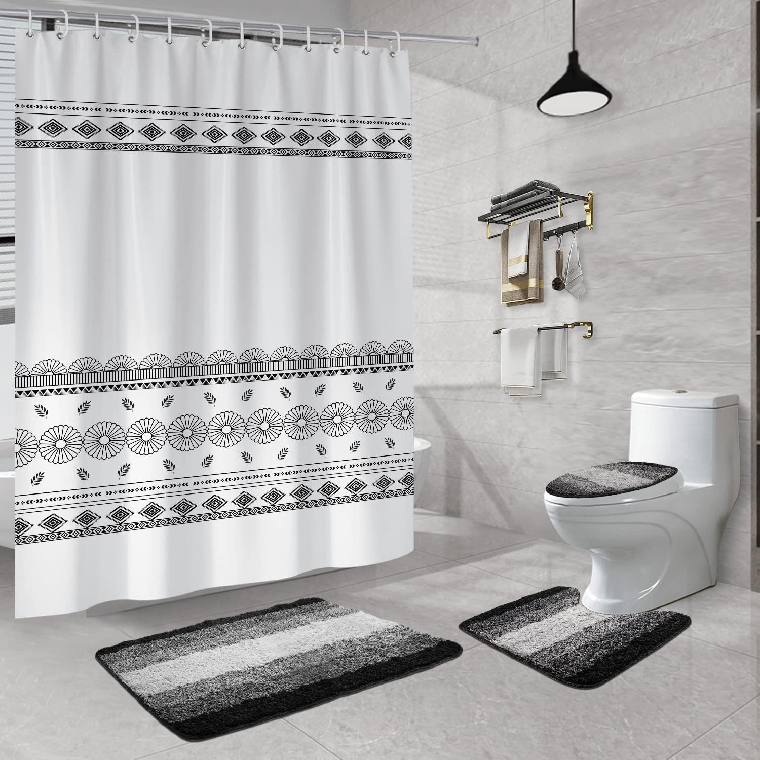 MDEAIEBI Juego de 4 cortinas de ducha de baño, juegos de baño con cortina de ducha y alfombras, cubierta de tapa de inodoro y tapete de baño,