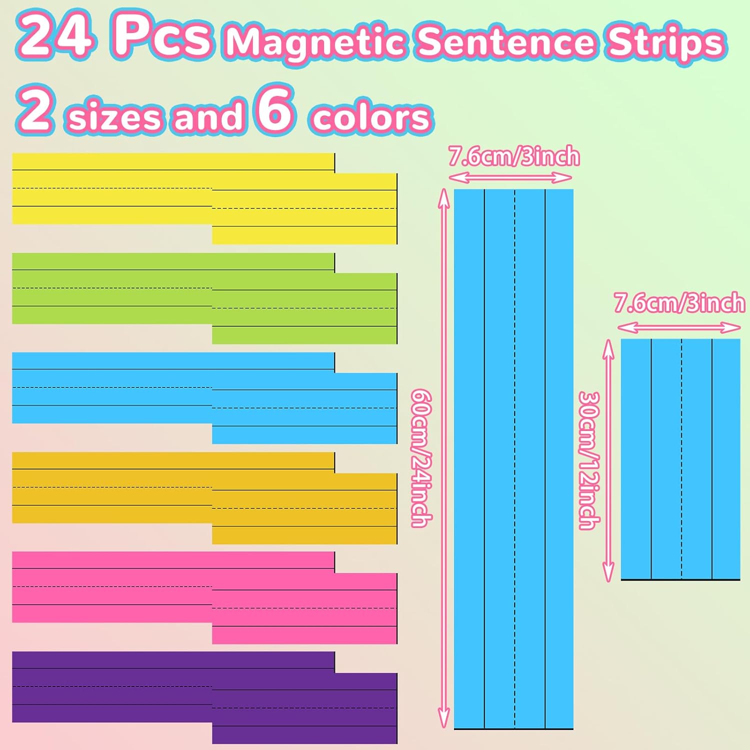 SATINIOR 24 tiras magnéticas de frases de 3 x 12 pulgadas, 3 x 24 pulgadas, 6 colores, tiras magnéticas con rayas de arco iris, tiras magnéticas