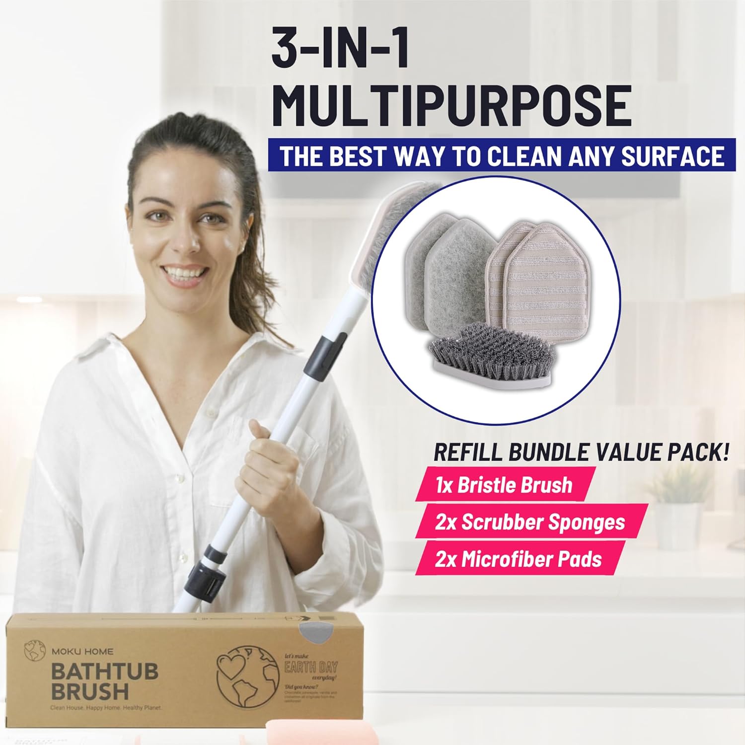 Paquete de recambio de cepillo de limpieza 3 en 1, 3 paquetes de repuesto multiusos para el cepillo de limpieza de ducha Moku Home (1 cepillo de