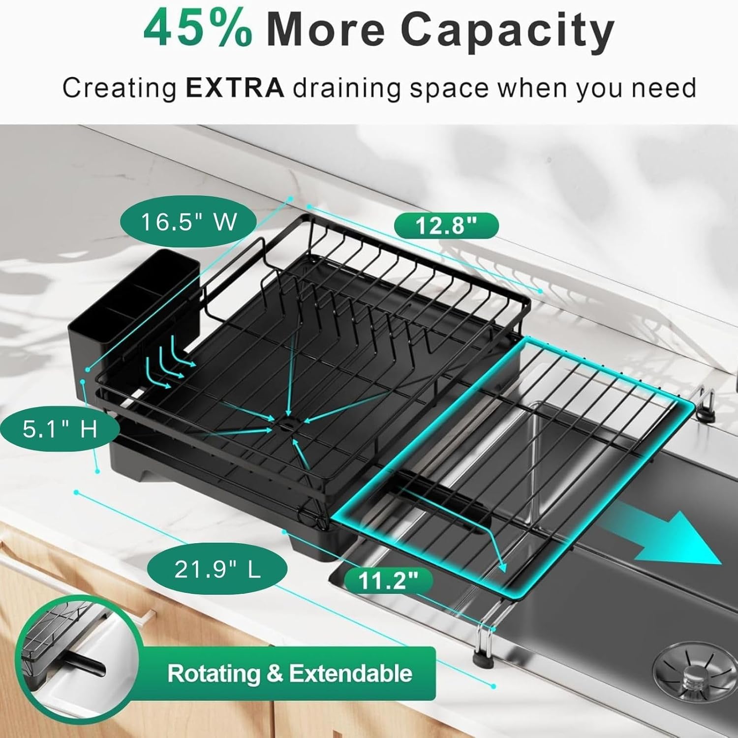 GSlife Escurridor de platos con escurridor  Escurridor de platos expandible 2 en 1 para encimera y fregadero de cocina, escurridor de platos de