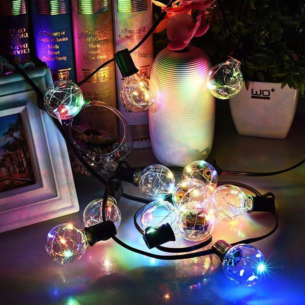 Cadena de luces para exteriores de 30 pies con 30 enchufes, bombillas LED RGB que cambian de color, inastillables, para patio, jardín (30 pies)