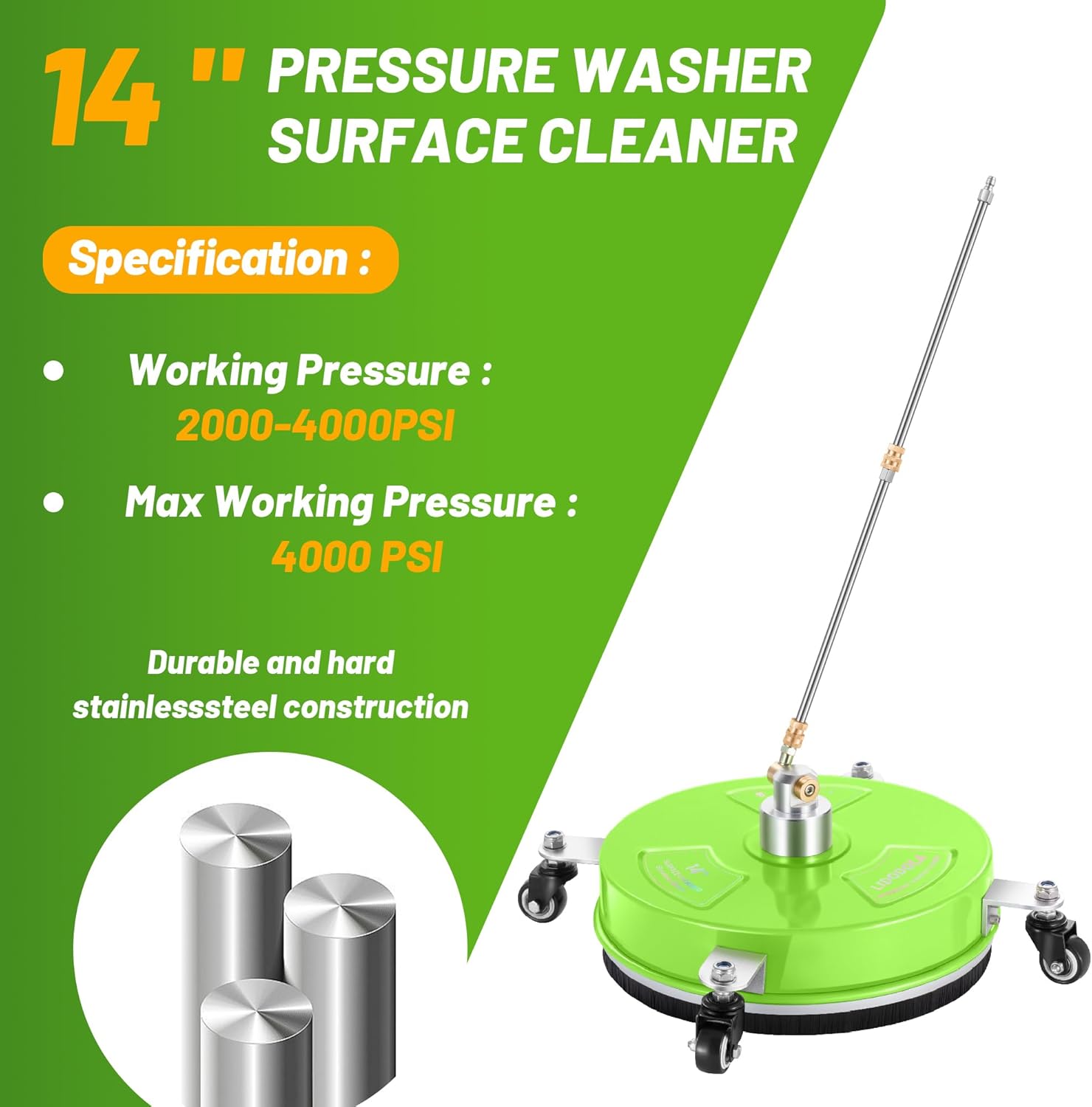 PWS14G – Limpiador de superficies de hidrolavadora de 14 pulgadas con 4 ruedas, limpiador de superficies de acero inoxidable verde recubierto para