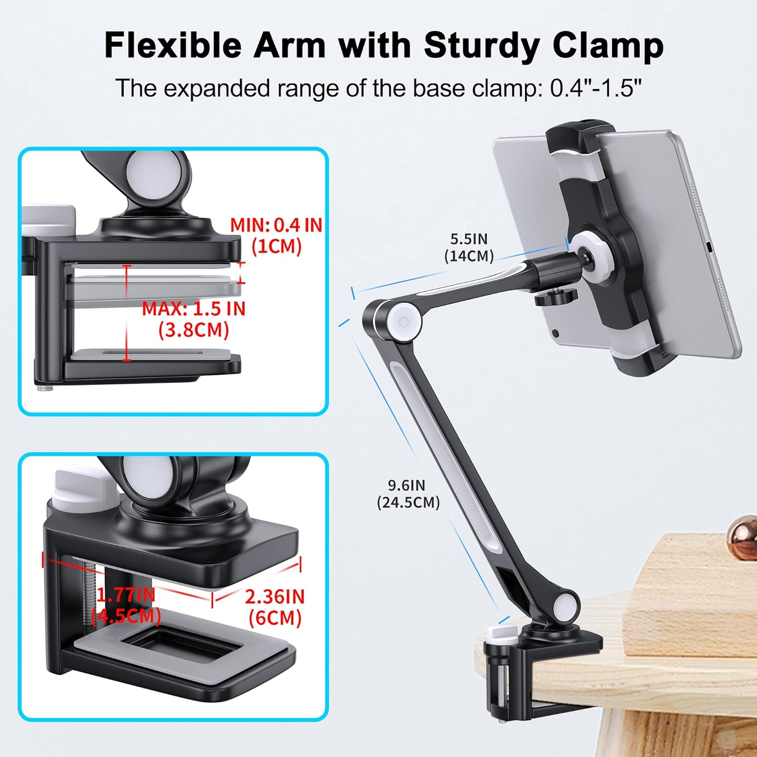 AboveTEK Soporte de escritorio para iPad, soporte ajustable multiángulo para tableta, brazo giratorio de 360, soporte de abrazadera de aluminio para