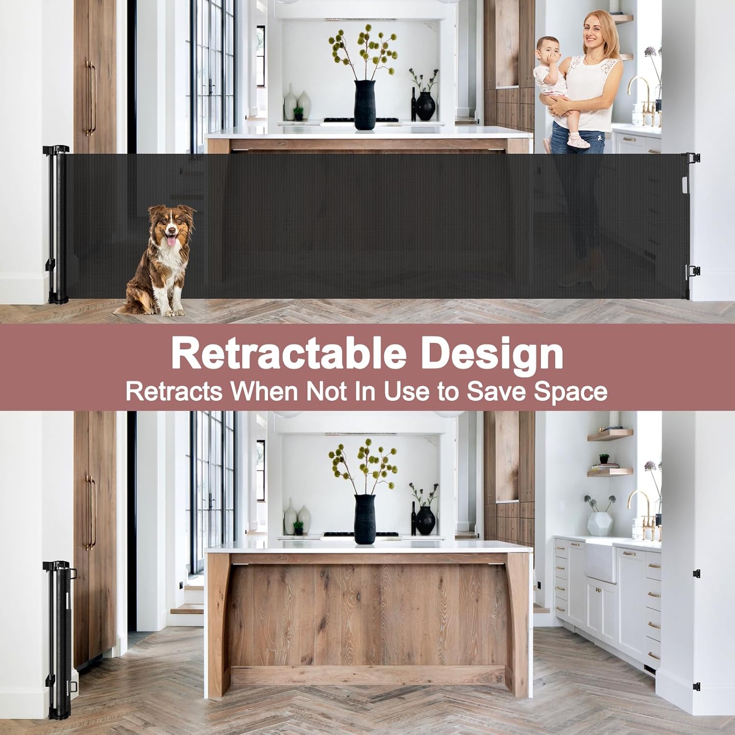 Puerta retráctil extra ancha de 85 pulgadas para bebé, puerta para interiores extra larga, puerta para perros al aire libre, puerta para perros