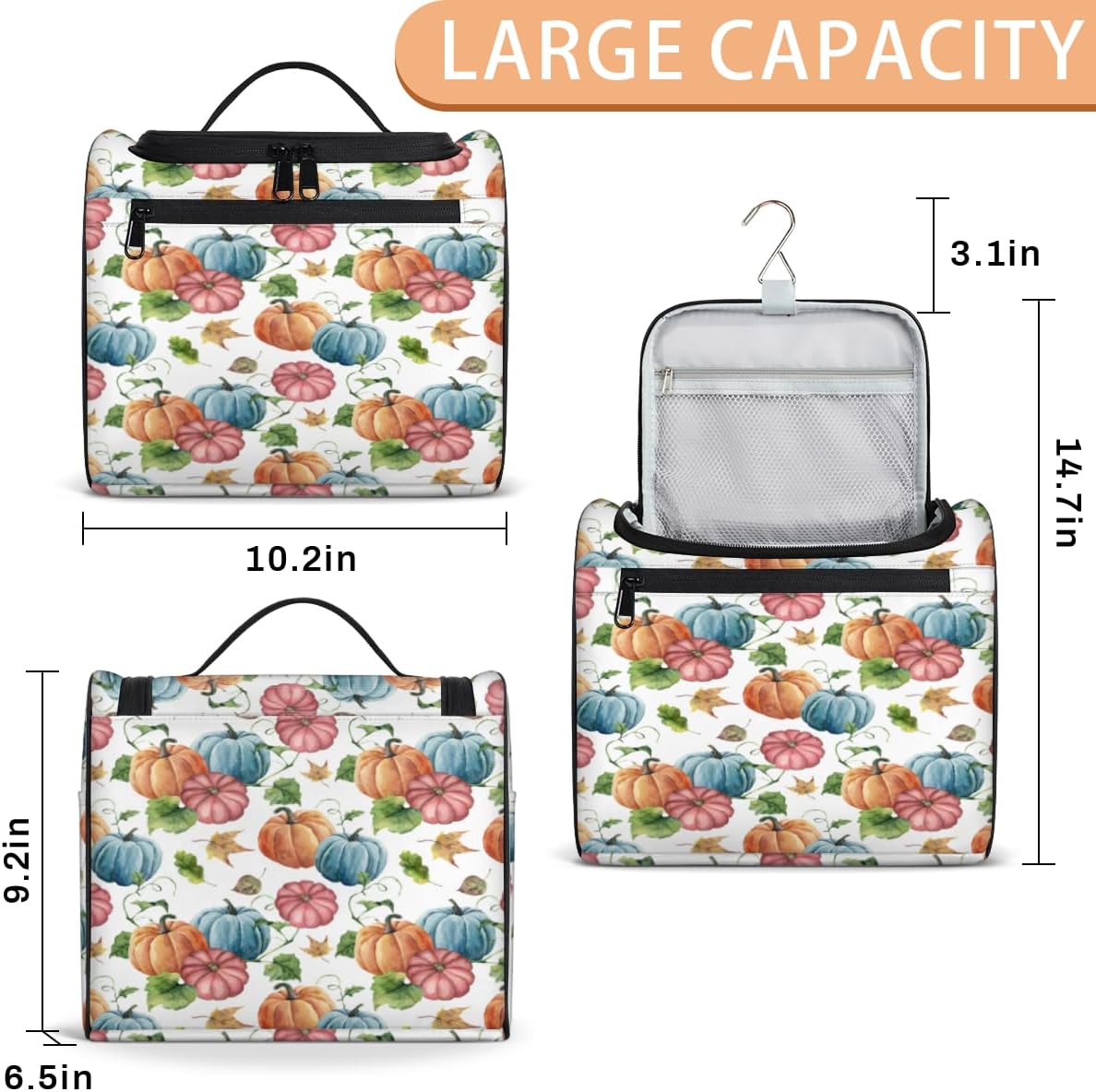 Thanksgiving Day Fun Pattern Toiletry Bag for Women Travel Makeup Organizer with Hanging Hook Traveling Cosmetic Bags for Toiletries Accessories
