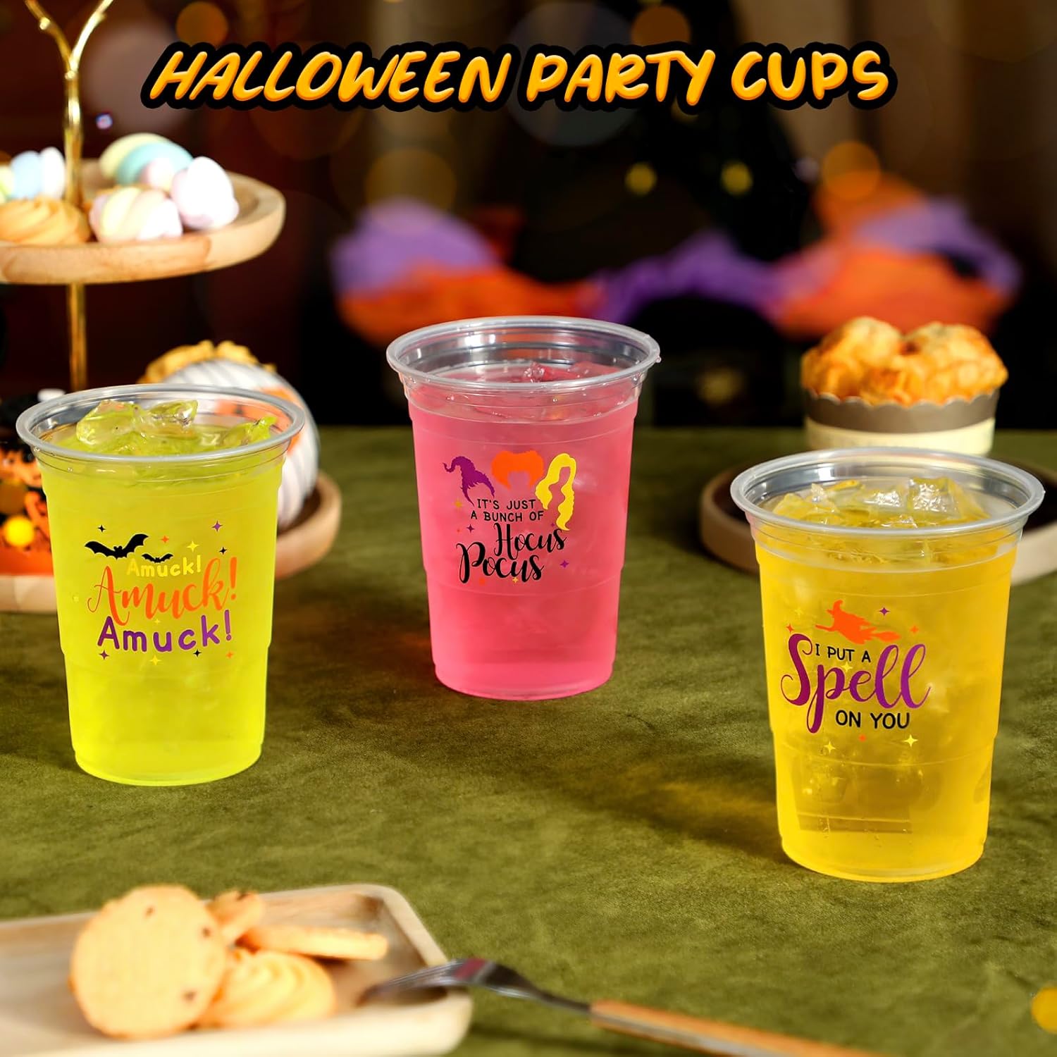 Nefelibata Vasos de plástico transparentes de 16 onzas para Halloween, reutilizables, para bebidas frías, juego de 24 vasos de película de