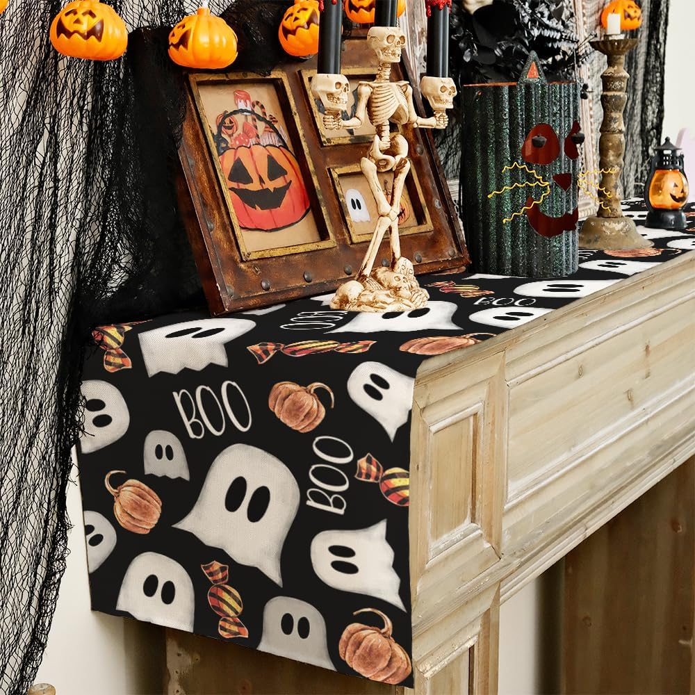 ARKENY Camino de mesa de Halloween de 13 x 120 pulgadas, calabaza espeluznante fantasma Candy Boo, arpillera de temporada para interiores, cocina,