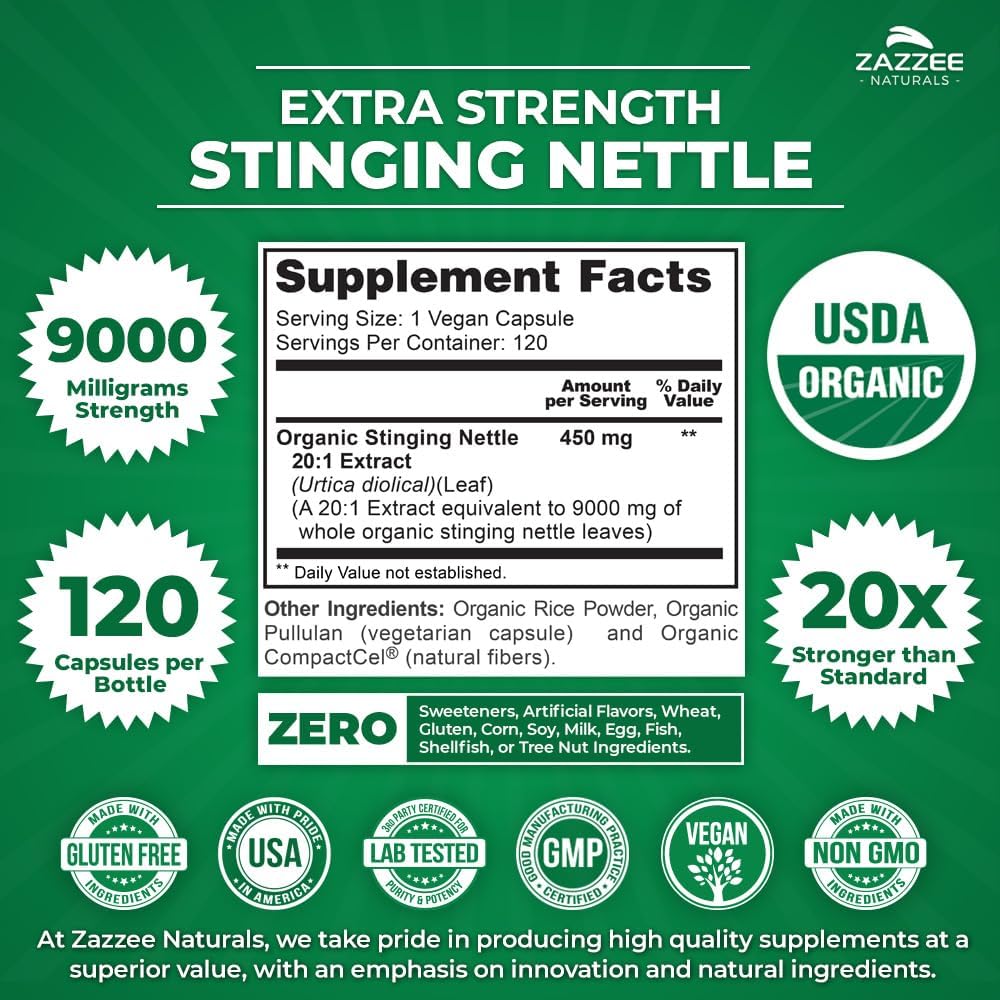 Zazzee USDA Organic Stinging Ortiga Extracto 201, 9000 mg de fuerza, 120 cápsulas veganas, suministro para 4 meses, concentrado, extracto