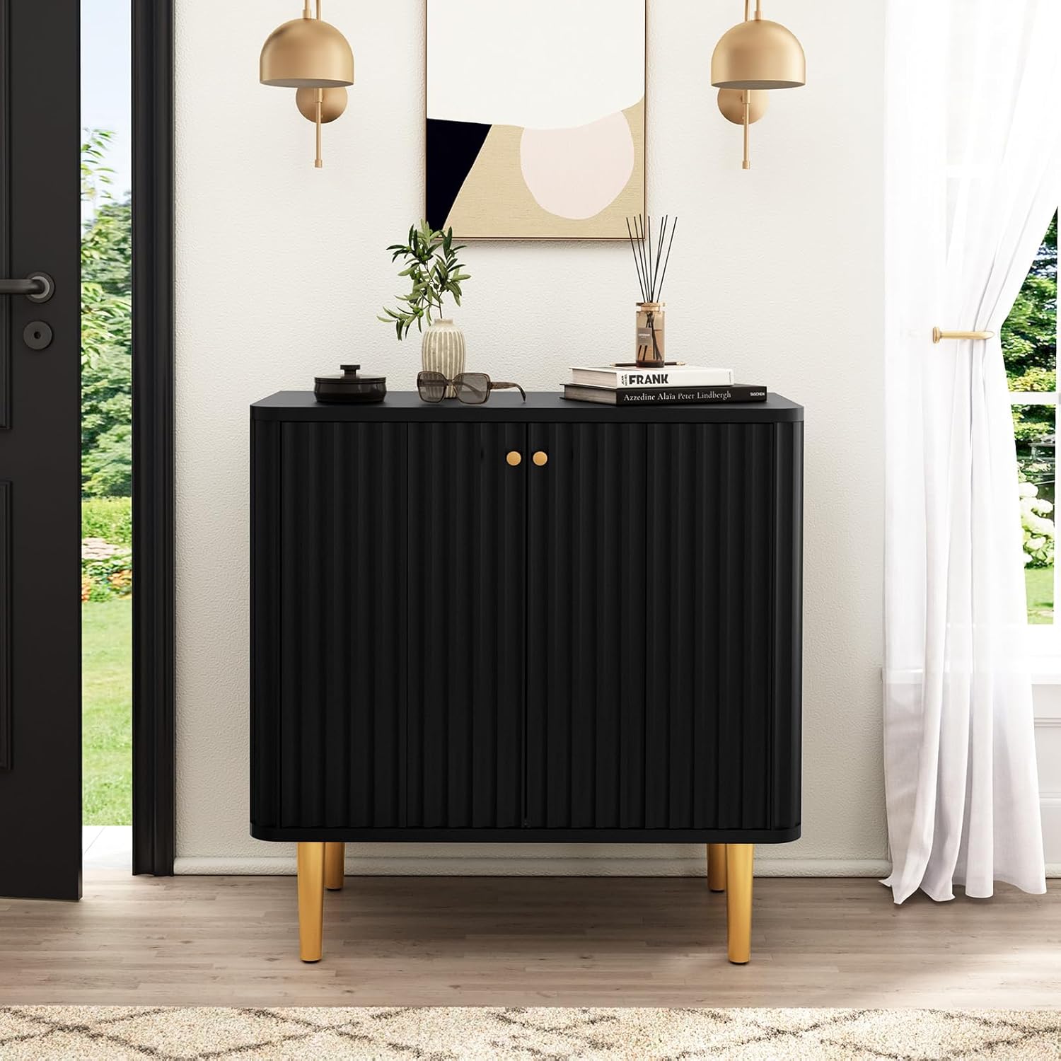 HLR Aparador de buffet con textura acanalada, gabinete de acento negro con puertas, armario de almacenamiento moderno de credenza para cocina, sala
