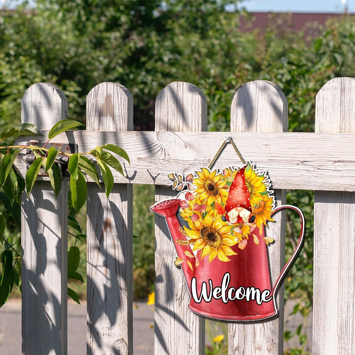 Verano girasol bienvenida puerta signo granja verano girasol gnomo puerta colgante impreso placa de madera colgante decoración de pared, rústico