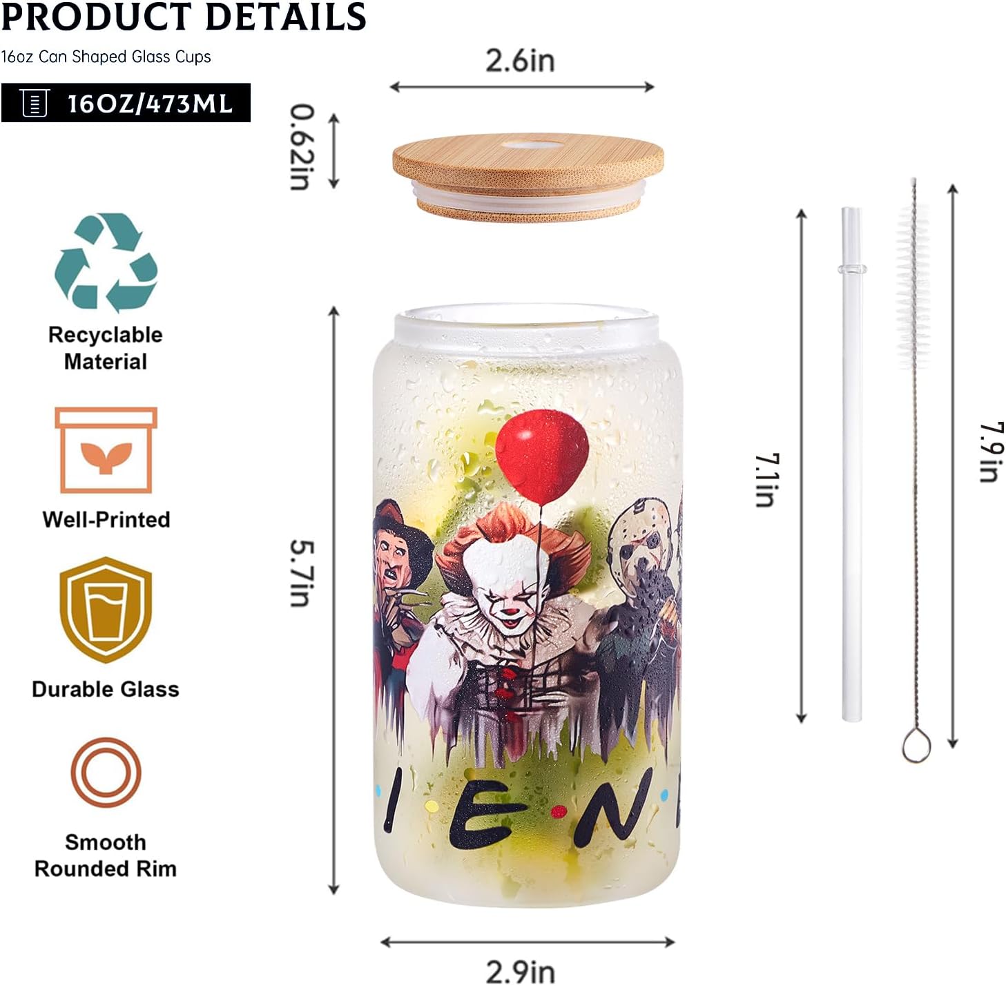 Vasos de cristal de terror con tapas y pajitas de bambú, vaso de Halloween con cara fantasma, regalos de película para mujeres, taza de café helado