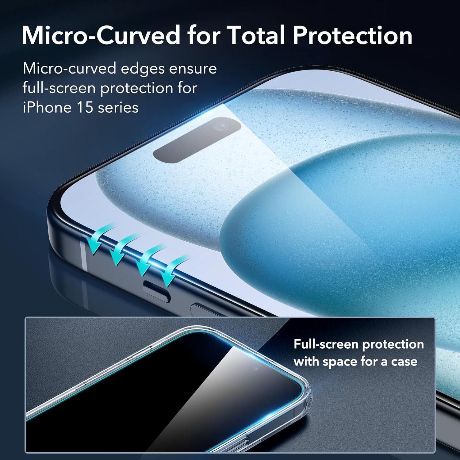 ESR Juego de 3+1 protector de pantalla Armorite para iPhone 15 Plus, vidrio templado ultra resistente, marco de fácil instalación, paquete de 3 con