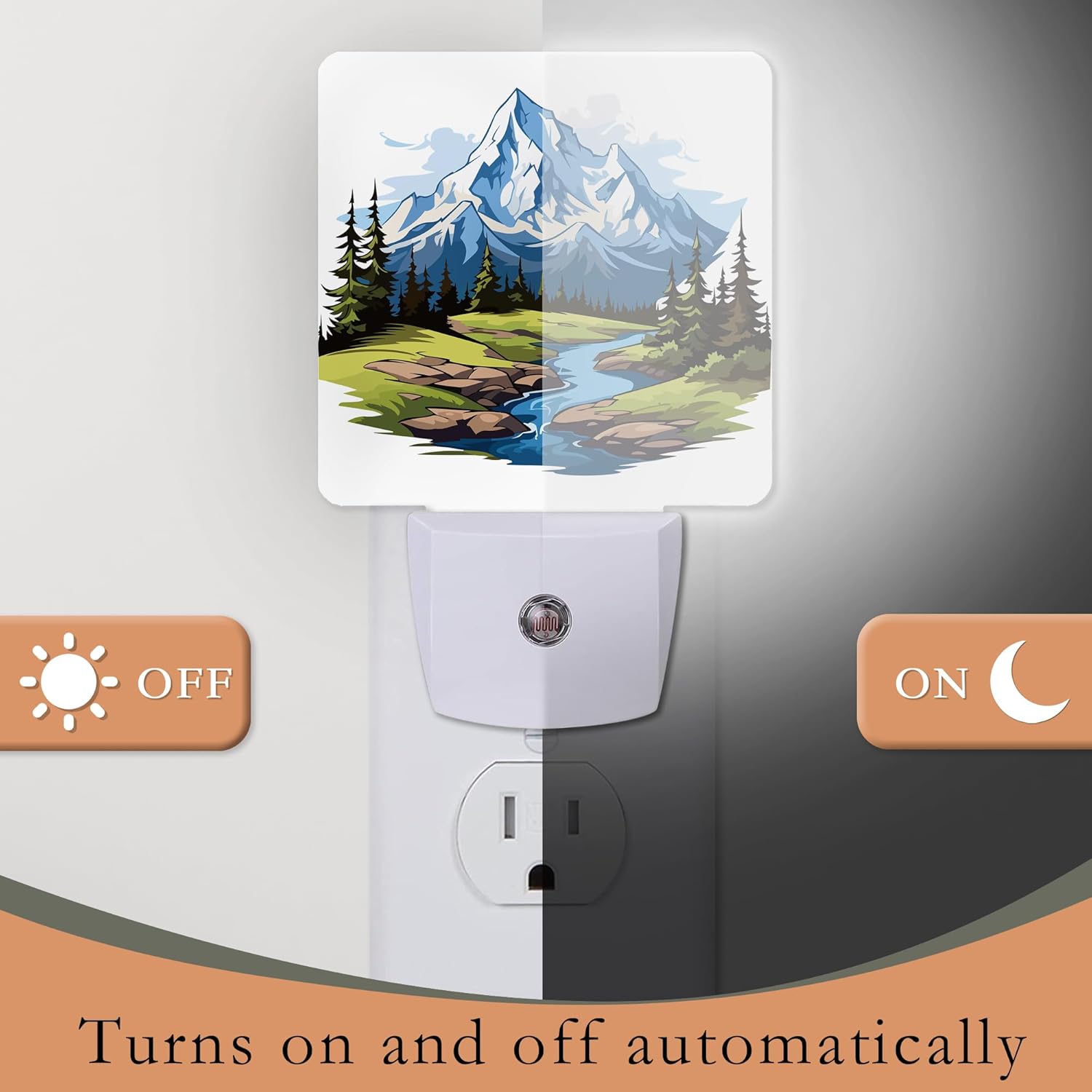 Luz nocturna de montaña, luces nocturnas de bosque enchufables a la pared para niños y niñas, luz nocturna decorativa media redonda, lámpara LED de
