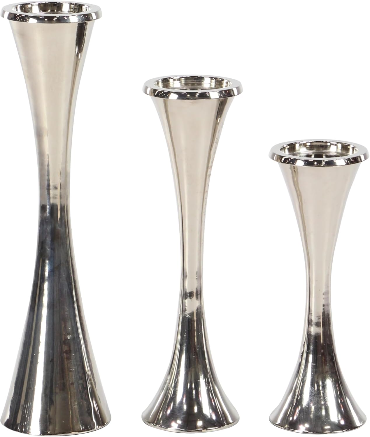Deco 79 Moderno portavelas sólido de aluminio, juego de 3 12 pulgadas, 15 pulgadas, 18 “H, plateado