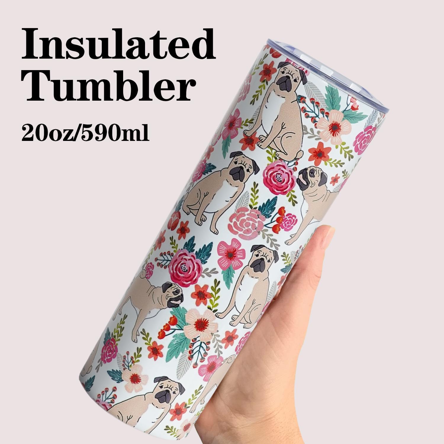 Vaso de viaje aislado de acero inoxidable de 20 onzas, diseño de pug con tapa y popote
