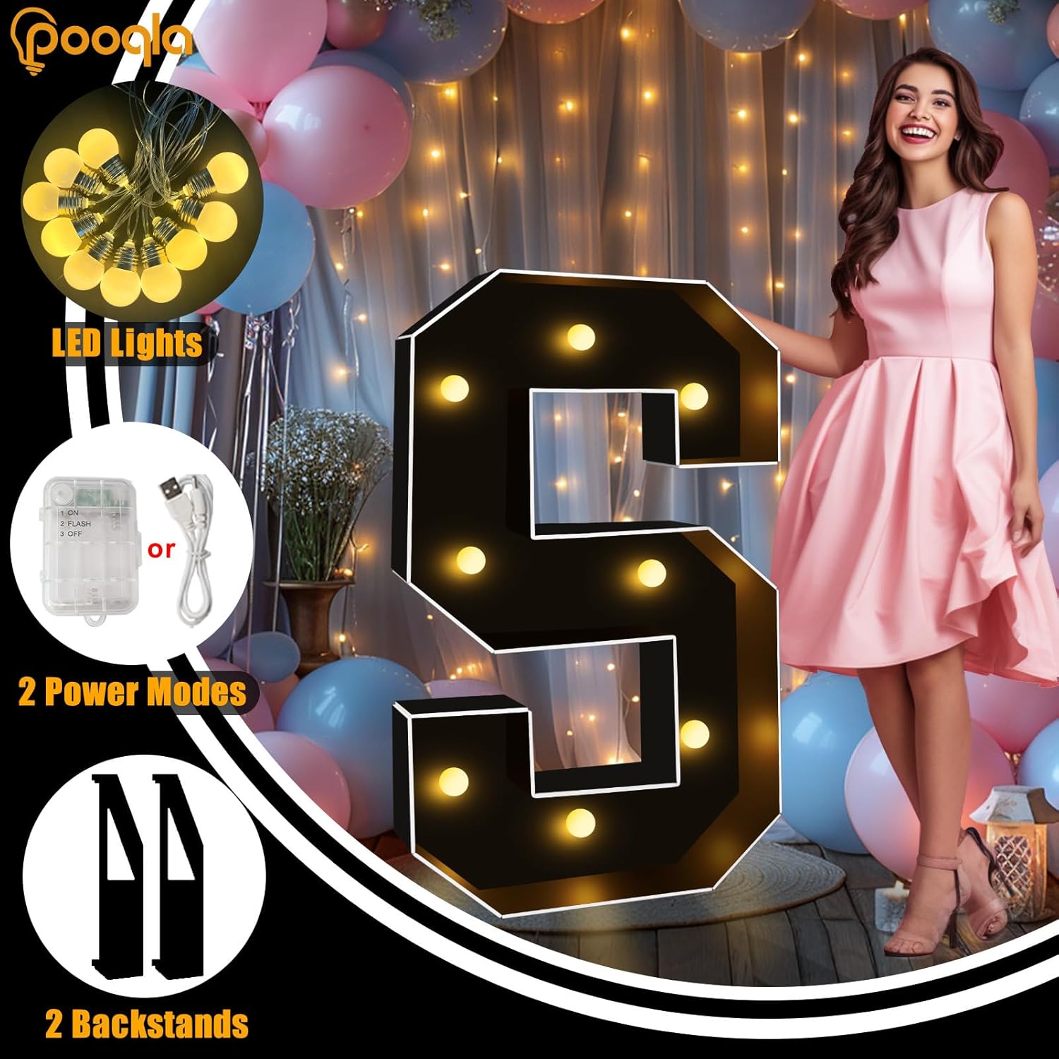 Pooqla Letras iluminadas de marquesina negra de 3 pies, letras de marquesina con luz LED grandes para decoración de fiestas, letras de mosaico