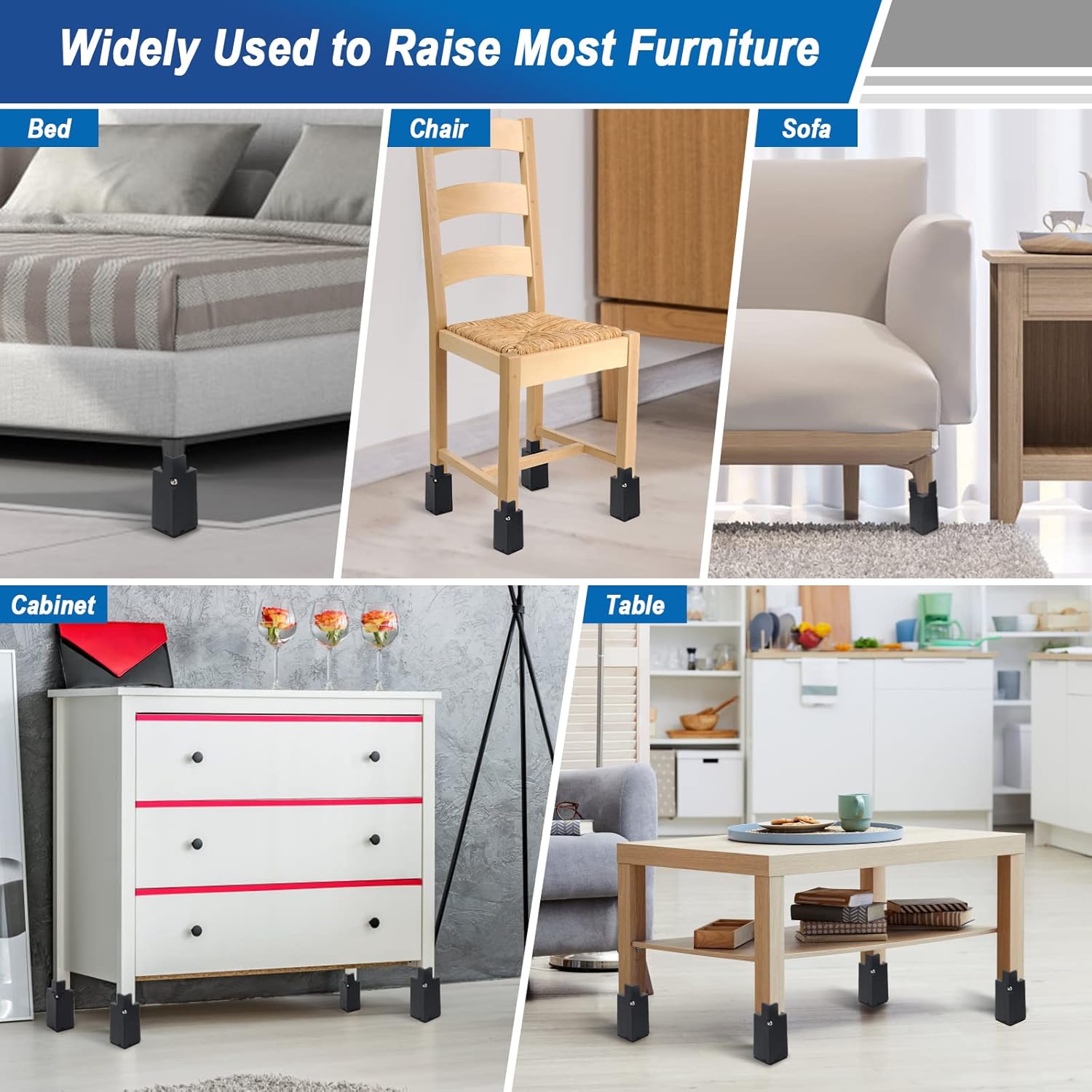 Catcan Paquete de 4 elevadores de cama ajustables de 4 pulgadas, elevadores de muebles con abrazadera de tornillo ajustable, para patas de muebles,