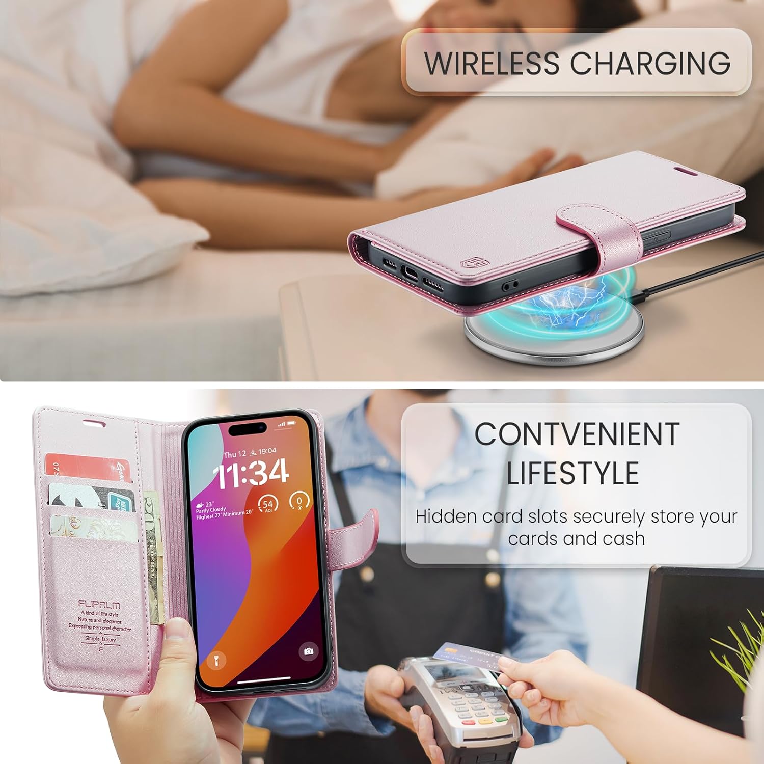 FLIPALM Funda magnética con logotipo para iPhone 14 Pro Max con bloqueo RFID, soporte para tarjetas de crédito, compatible con MagSafe piel