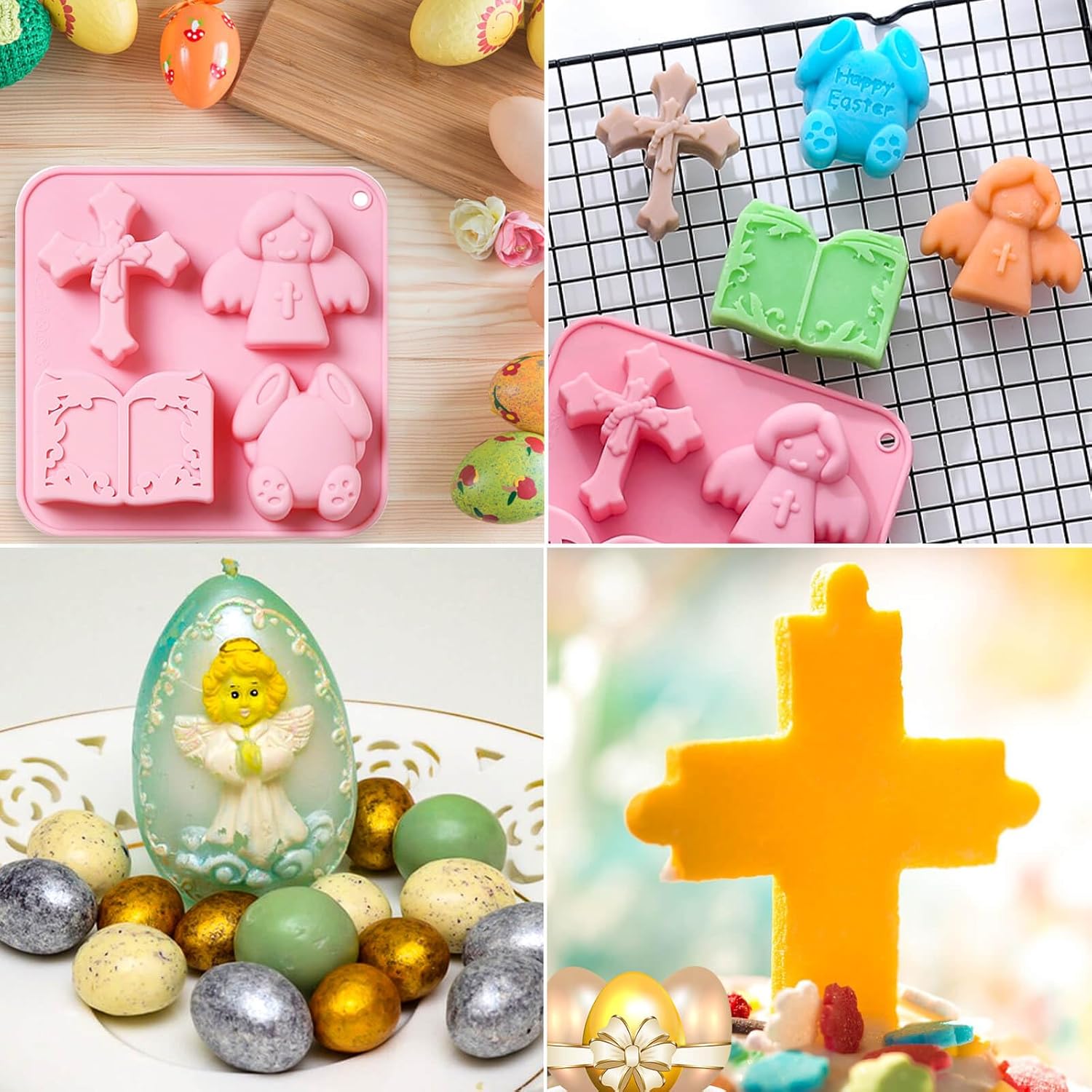 Paquete de 3 moldes de silicona de conejo de Pascua para hornear, moldes grandes de silicona para huevos de Pascua, pavo y cruz, molde de chocolate