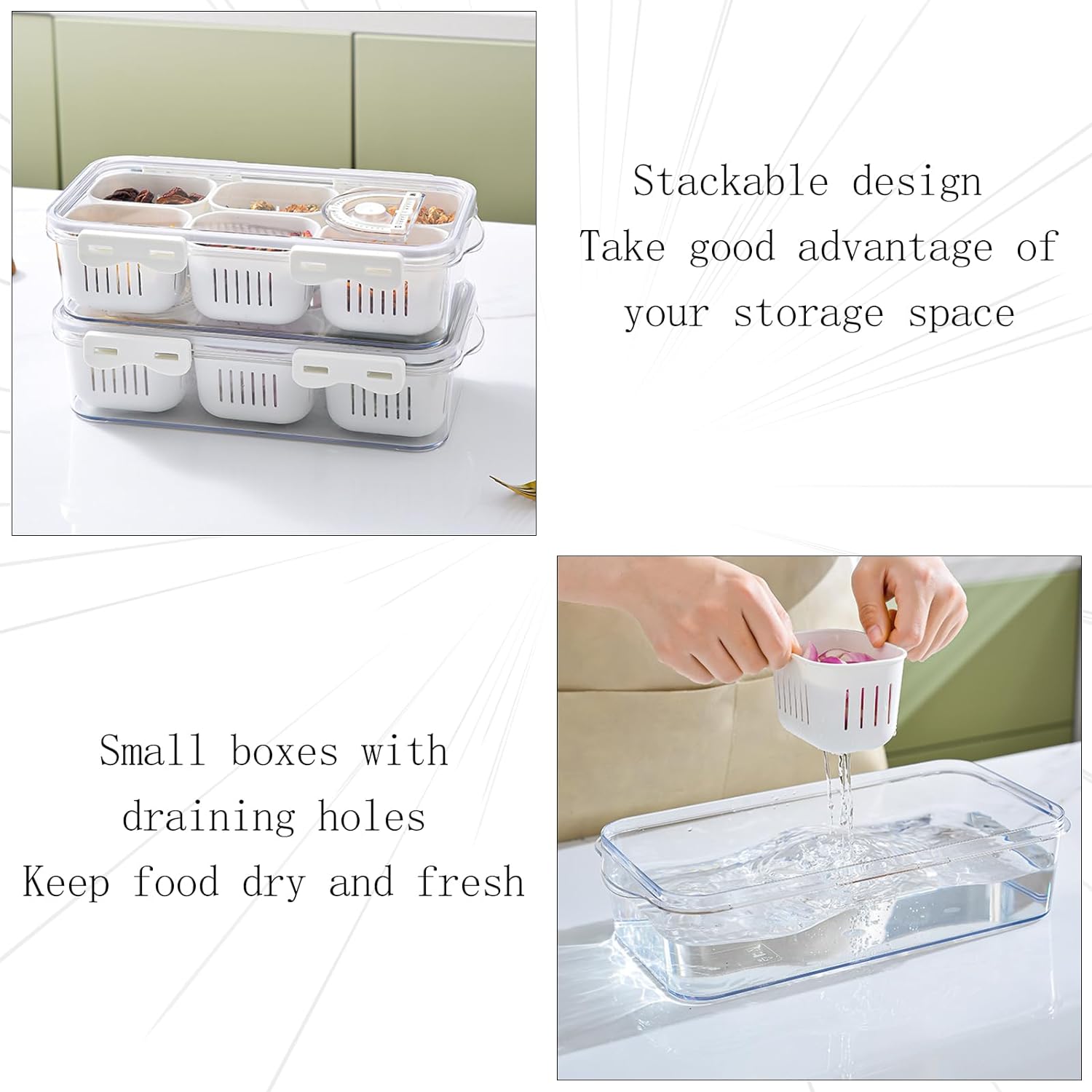 MineSign Paquete de 2 bandejas divididas para servir alimentos con tapas, caja apilable para dulces, frutos secos, especias, frutas y verduras con 6