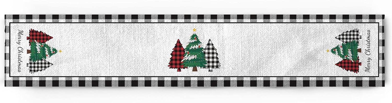 Camino de mesa de árbol de búfalo de Navidad de 13 x 36 pulgadas, camino de mesa de búfalo negro y blanco a cuadros, bufandas antideslizantes para