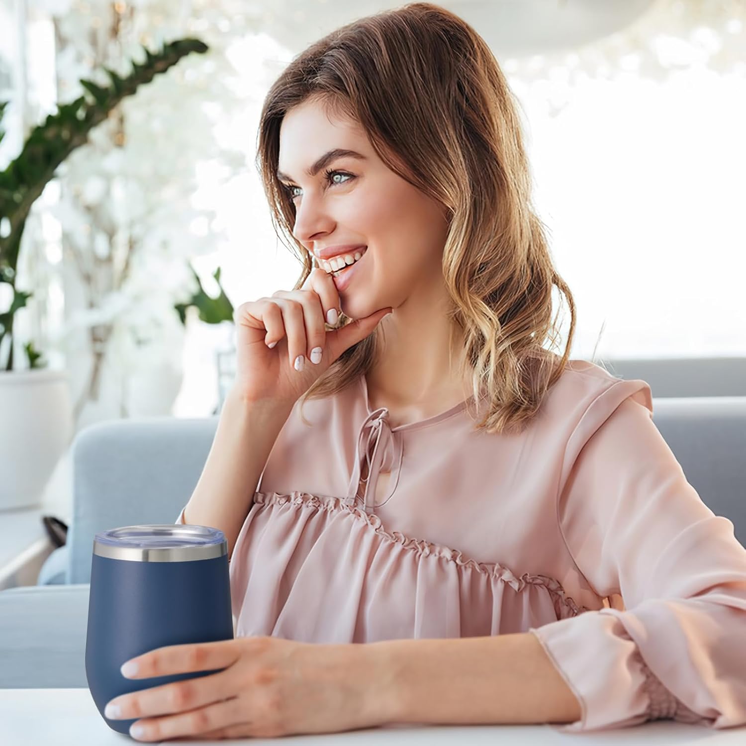 Comooo. – Vaso para vino de acero inoxidable con tapa, de 12 onzas, pared doble aislada al vacío, taza de viaje para café, vino, cócteles, helado,