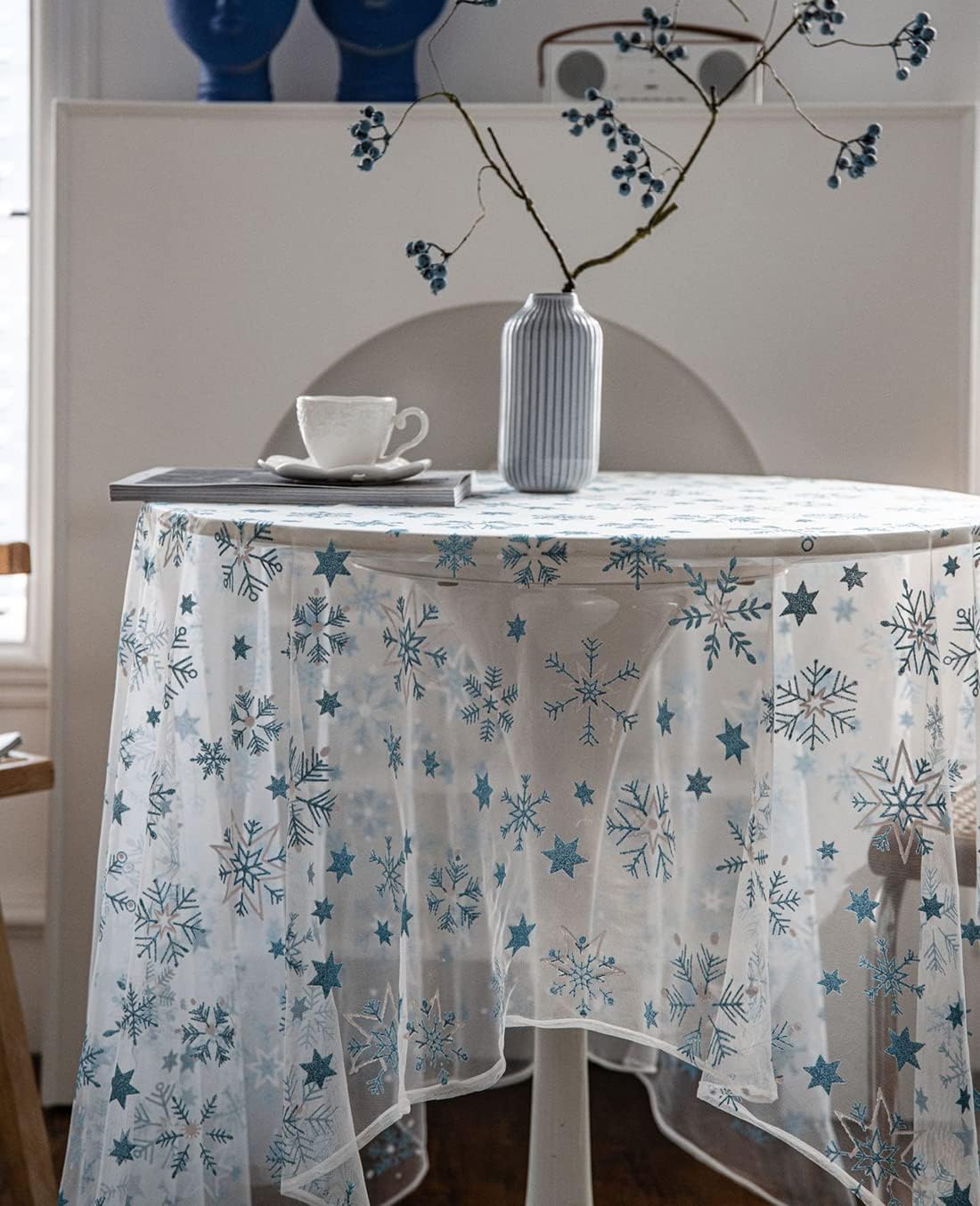 vctops Mantel de encaje con copos de nieve brillantes, para fiestas, bodas, cocina, comedor, decoración del hogar (azul, 59 x 157 pulgadas)