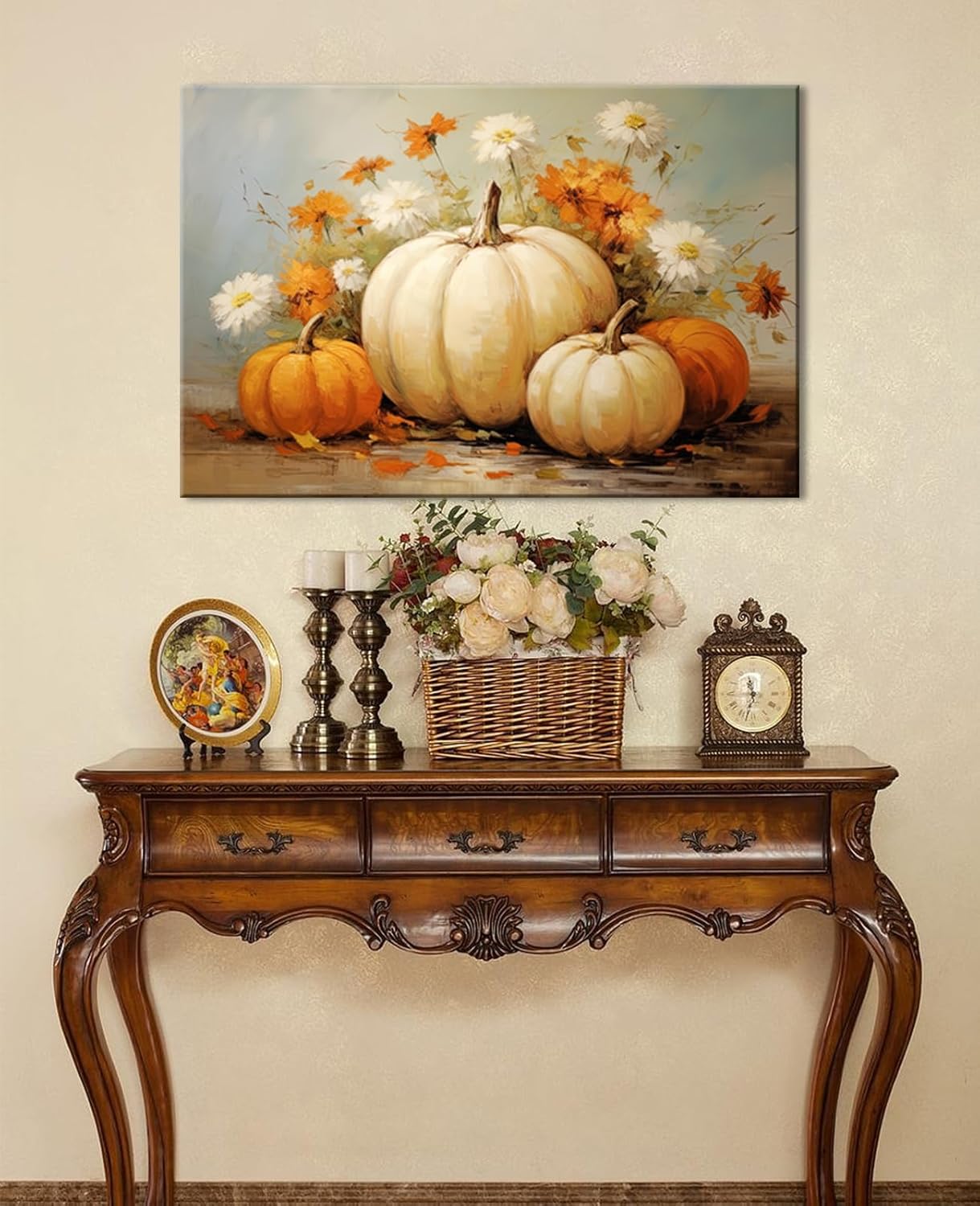 GLOKAKA Arte de pared de calabazas de otoño y otoño, arte rústico de otoño, pintura al óleo vintage de Acción de Gracias, impresiones estiradas y
