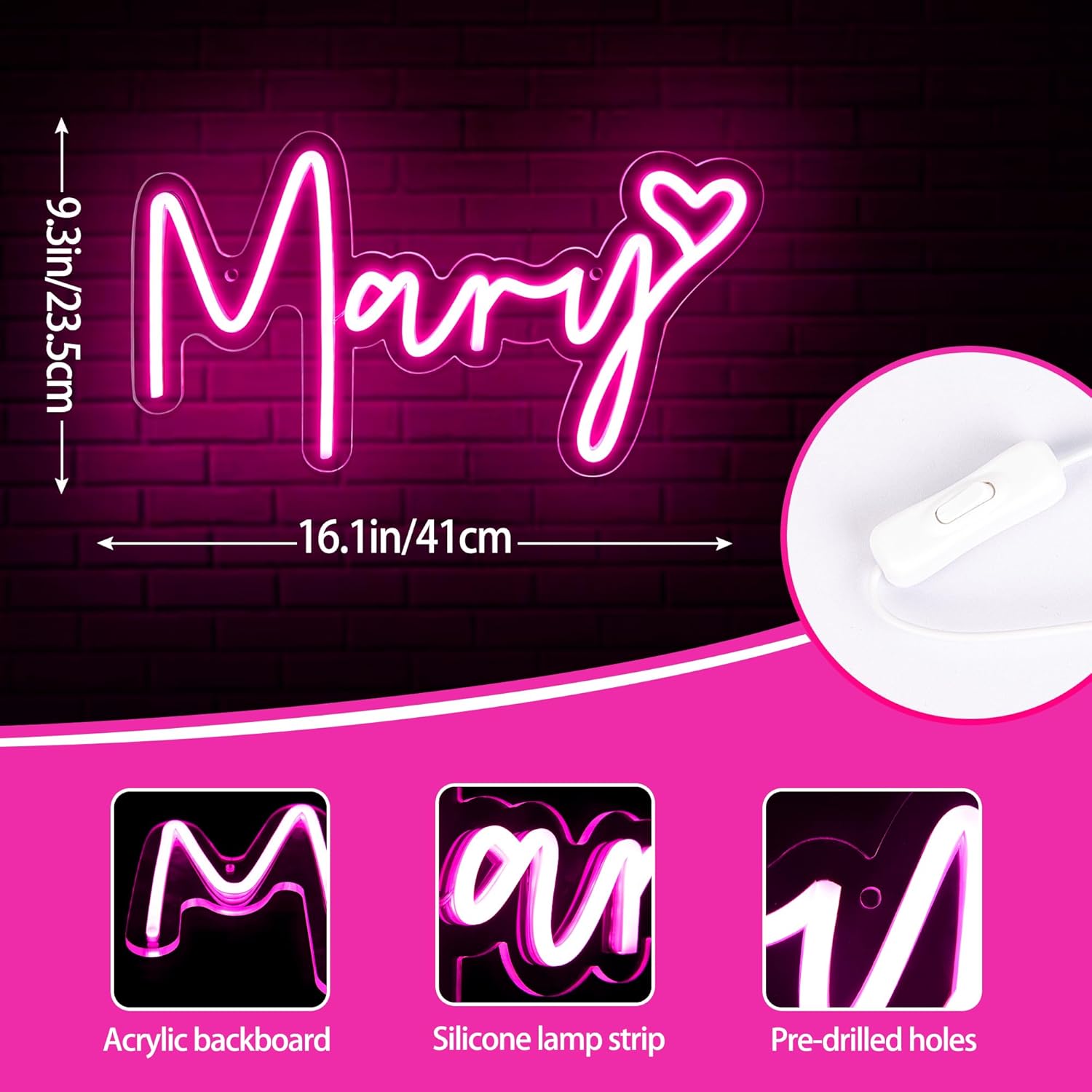 ATTNEON Letrero de neón grande con nombre de María, luz LED de neón para dormitorio de niños, decoración de fiesta de cumpleaños, letrero de neón