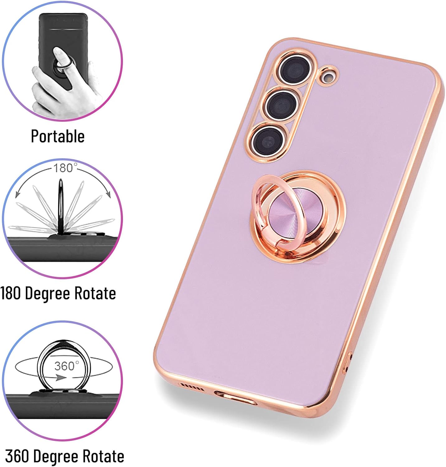 Funda protectora para Samsung Galaxy S23, delgada galvanizada protectora Samsung Galaxy S23 con soporte giratorio, funda protectora a prueba de