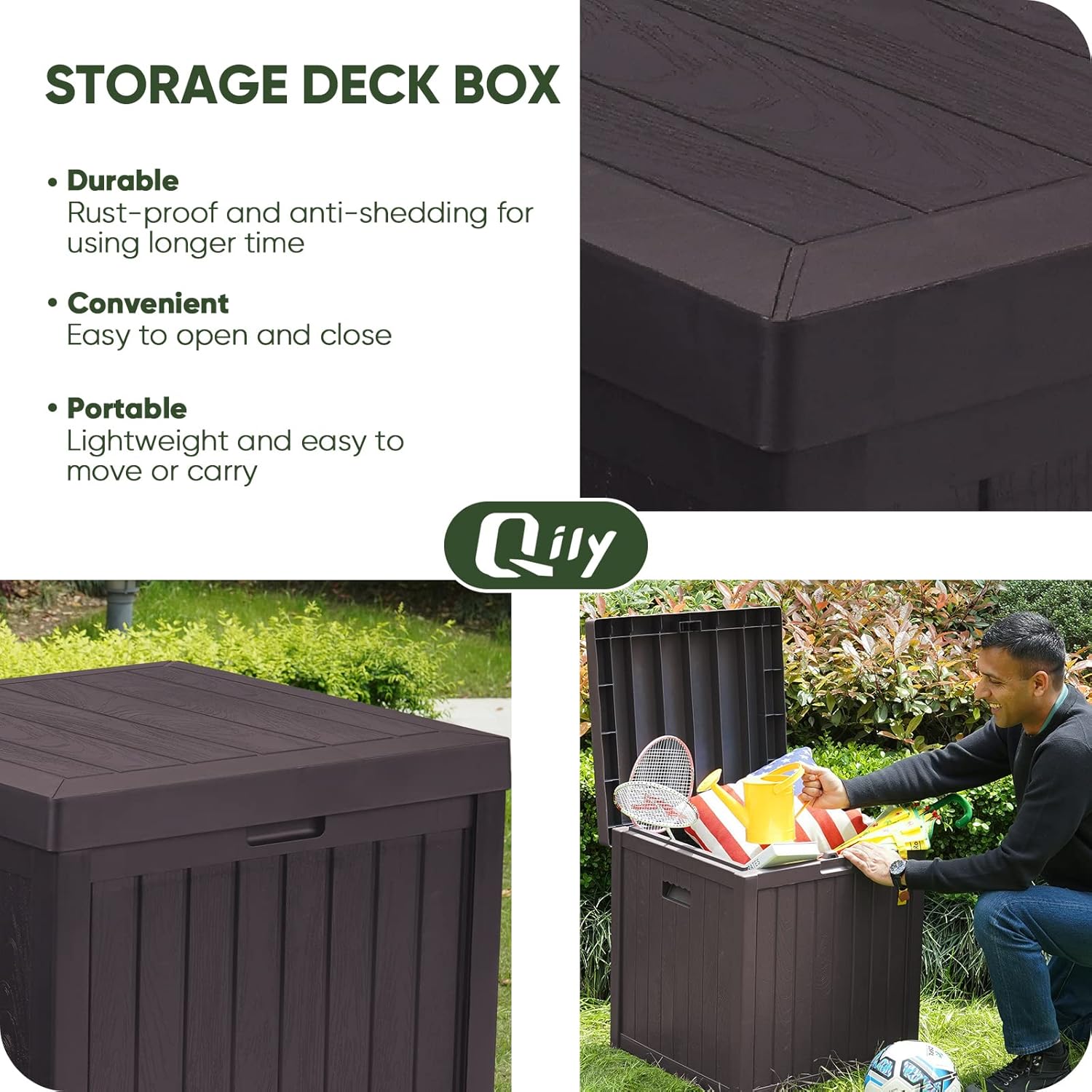 Qily Caja de almacenamiento para exteriores, resina impermeable, almacenamiento de cojines exteriores, caja de cubierta pequeña, duradera, caja de