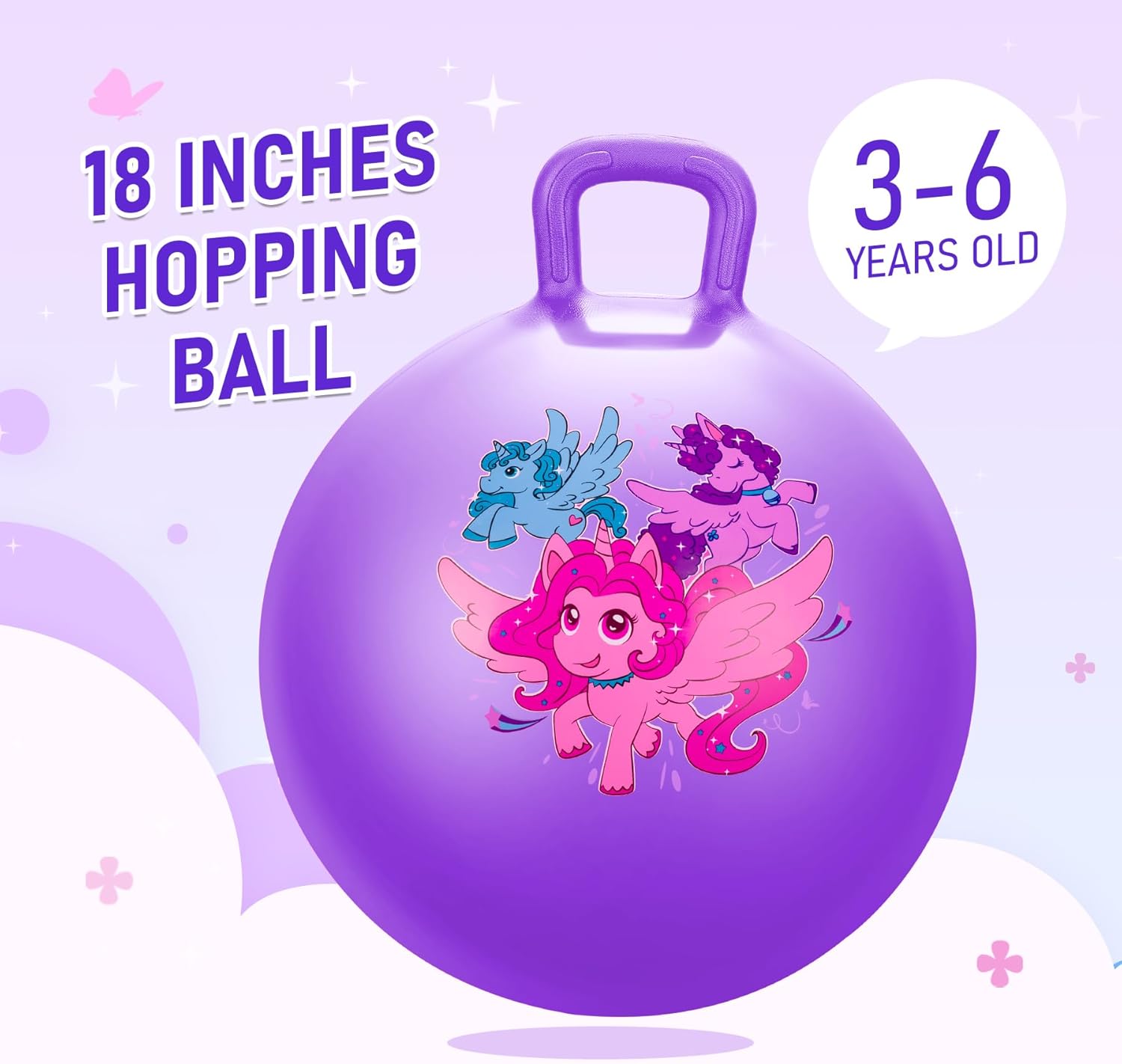 U&C Planet Hoppity Hop – Pelota de salto con asa para niños de 3 a 6 años, para sentarse y rebotar de 18 pulgadas con bomba