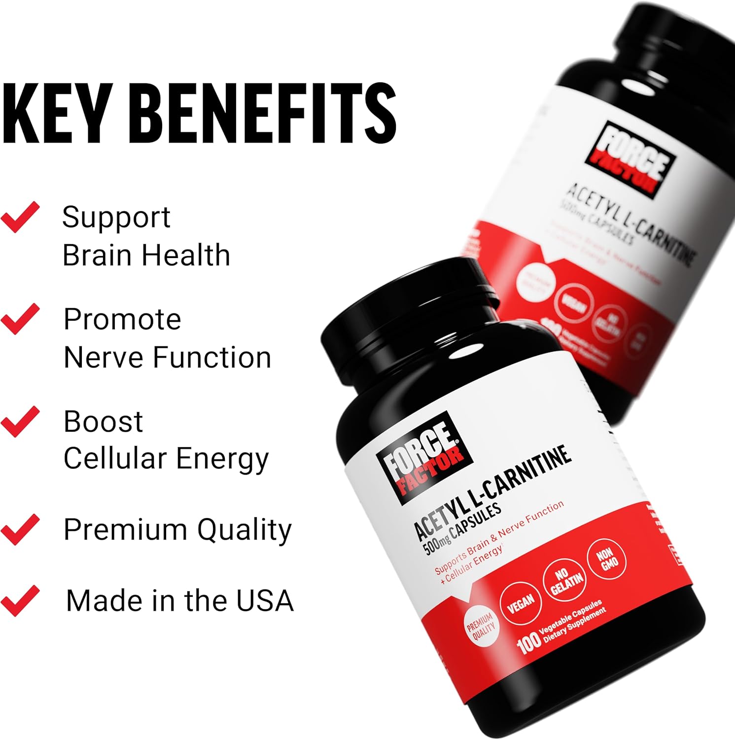 Force Factor Suplemento cerebral de acetil L-carnitina, suplemento de apoyo nervioso y refuerzo de energía celular, acetil L-carnitina 500 mg,
