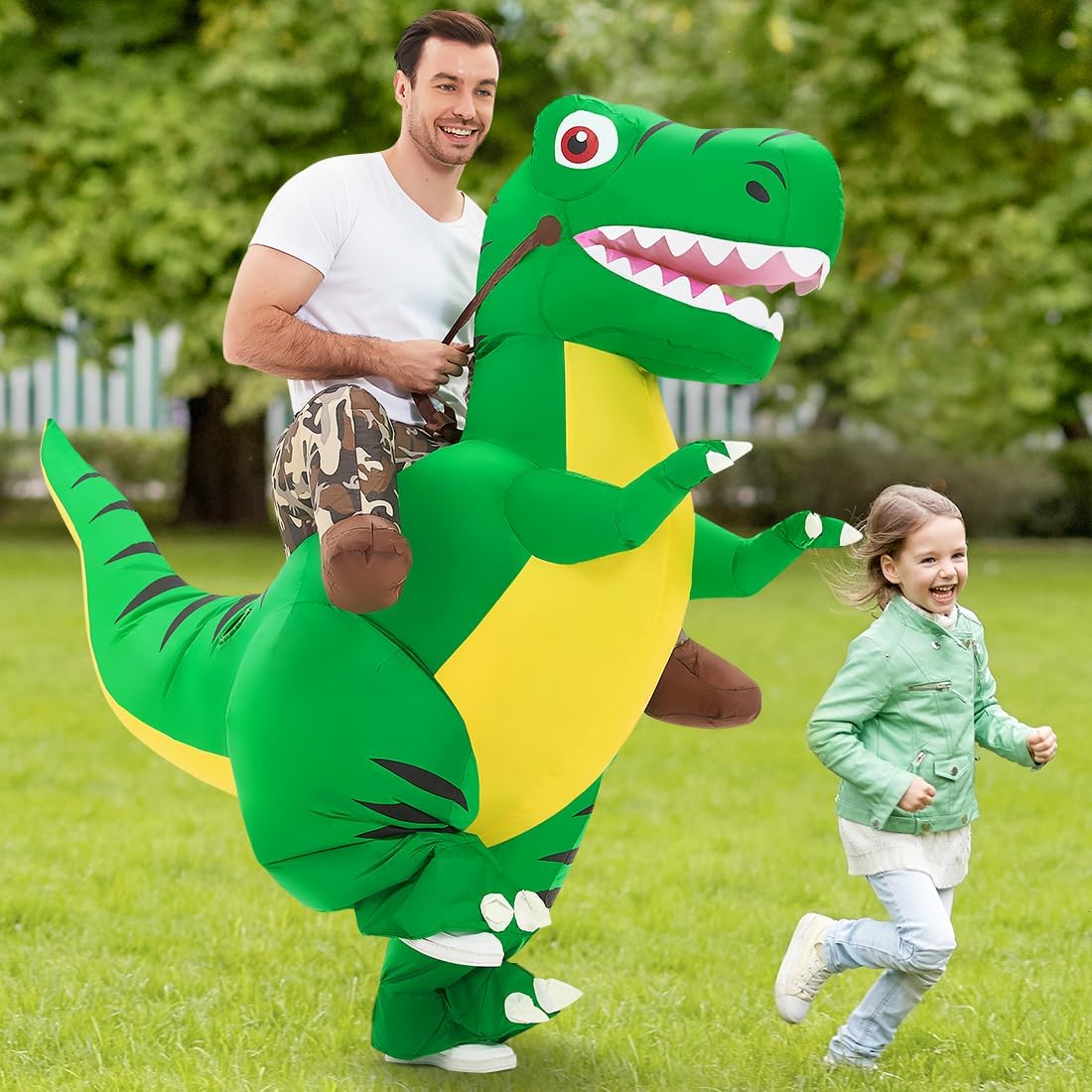 COMIN Disfraz inflable de dinosaurio para niños, disfraz de dinosaurio inflable de T-Rex, vestido divertido verde para fiesta de Halloween