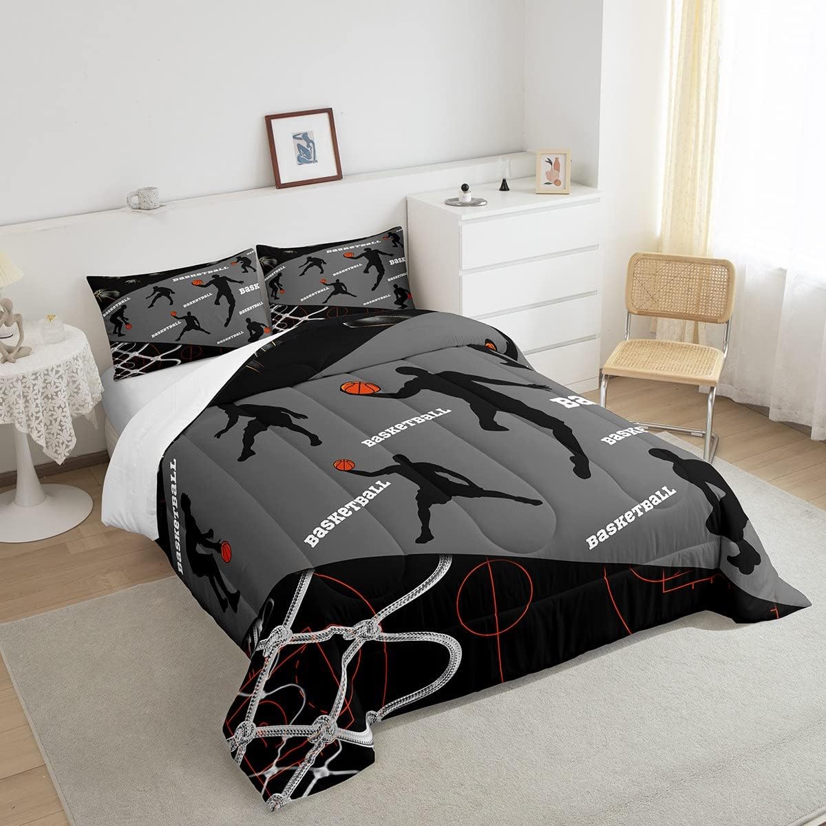 Erosebridal Juego de ropa de cama de baloncesto tamaño individual, juego de edredón deportivo para niños, color gris y negro, juego de ropa de cama