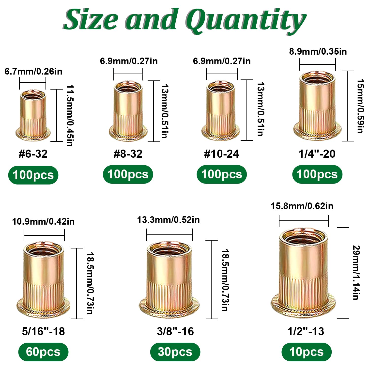 weideer 1000 tuercas remachadoras SAE y métricas 6#-32, 8#-32, 10#-24, 14″-20, 516″-18, 38″-16, 12″-13 M3 M4 M5 M6 M8 M10 M12 Inserto roscado de
