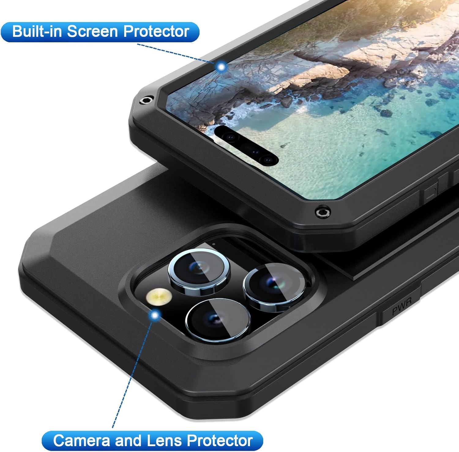 Marrkey Compatible con iPhone 15, funda protectora de cuerpo completo 360, resistente a los golpes, armadura resistente, funda de metal de aleación
