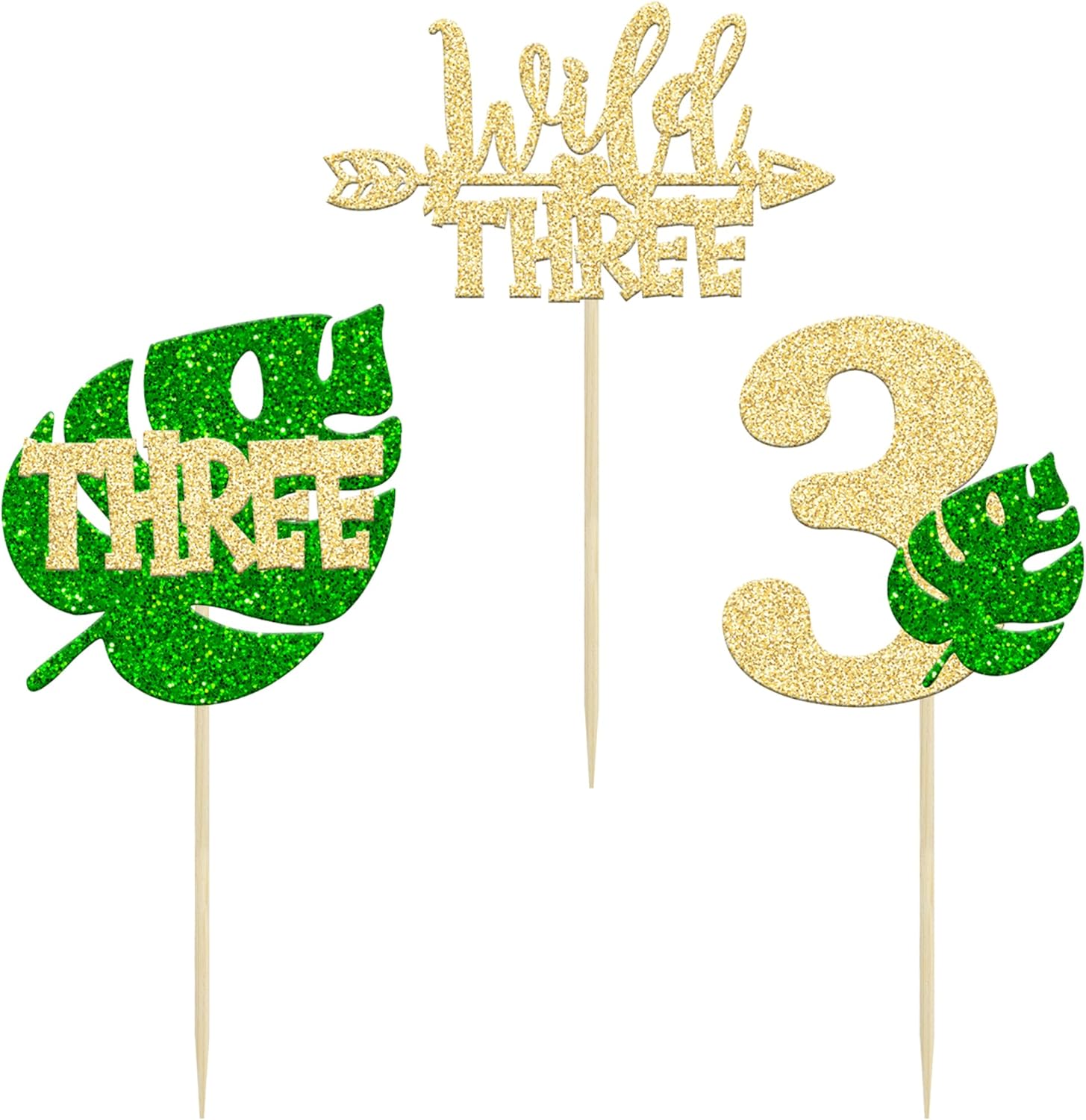 Paquete de 24 adornos para cupcakes de hojas de Monstera con purpurina de safari en la selva, tres púas para cupcakes número 3, decoración de