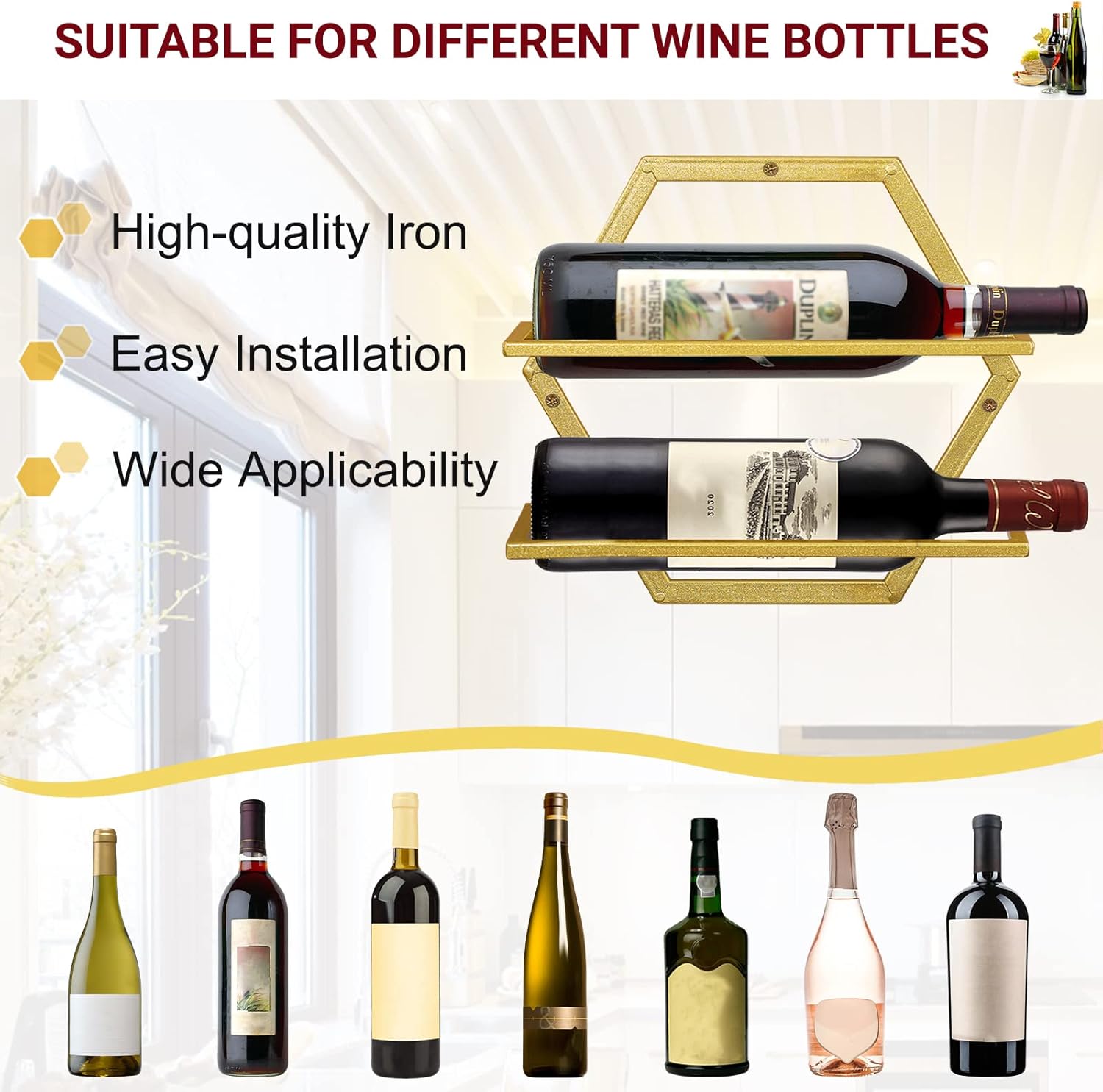 Estante para botellas de vino montado en la pared, organizador de exhibición de vino colgante de metal dorado, estantes de vino tinto para el hogar,