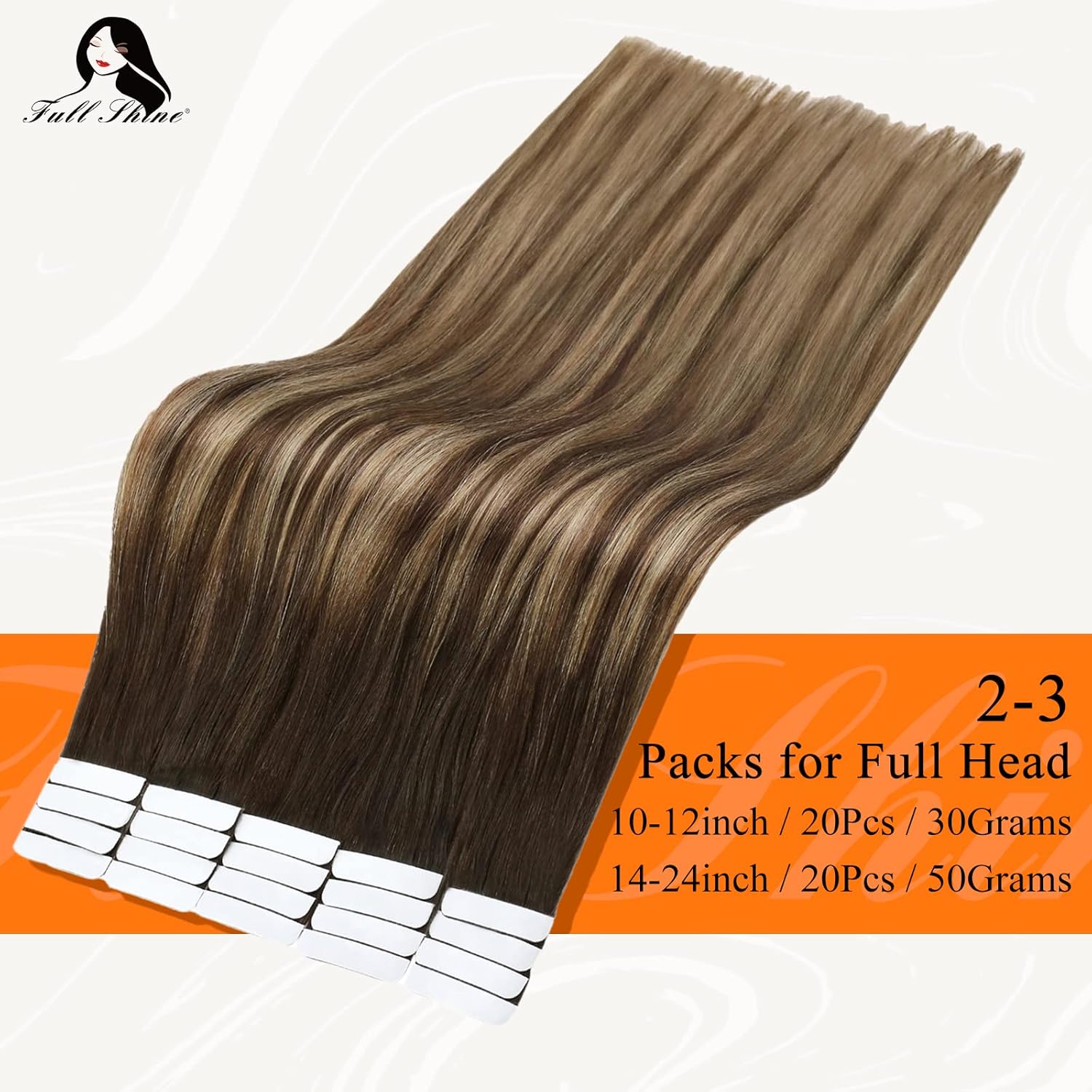 Fshine Extensiones de cabello humano con cinta adhesiva, balayage, color degradado 2, marrón oscuro que se desvanece a rubio miel 3 y 27, con cinta
