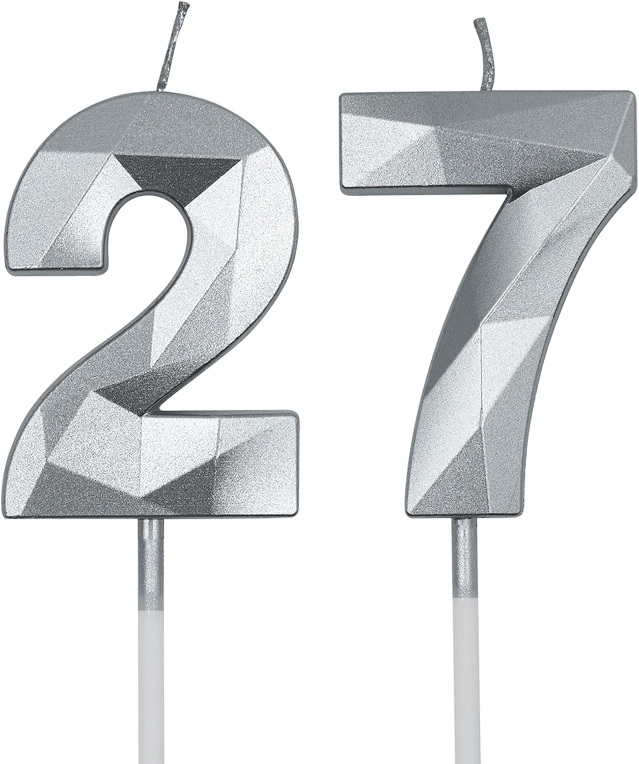 Velas de cumpleaños de 27 y 72 para pastel, número plateado 27 72 3D con forma de diamante, decoración de cumpleaños, suministros de fiesta para