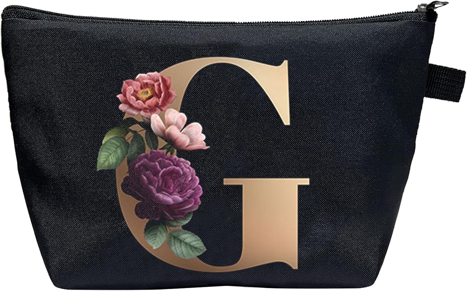 CTNUOBEE Bolsa de comestic con letras del alfabeto dorado con bolsa de maquillaje de flores, bolsa de viaje portátil con cremallera, bolsa de aseo