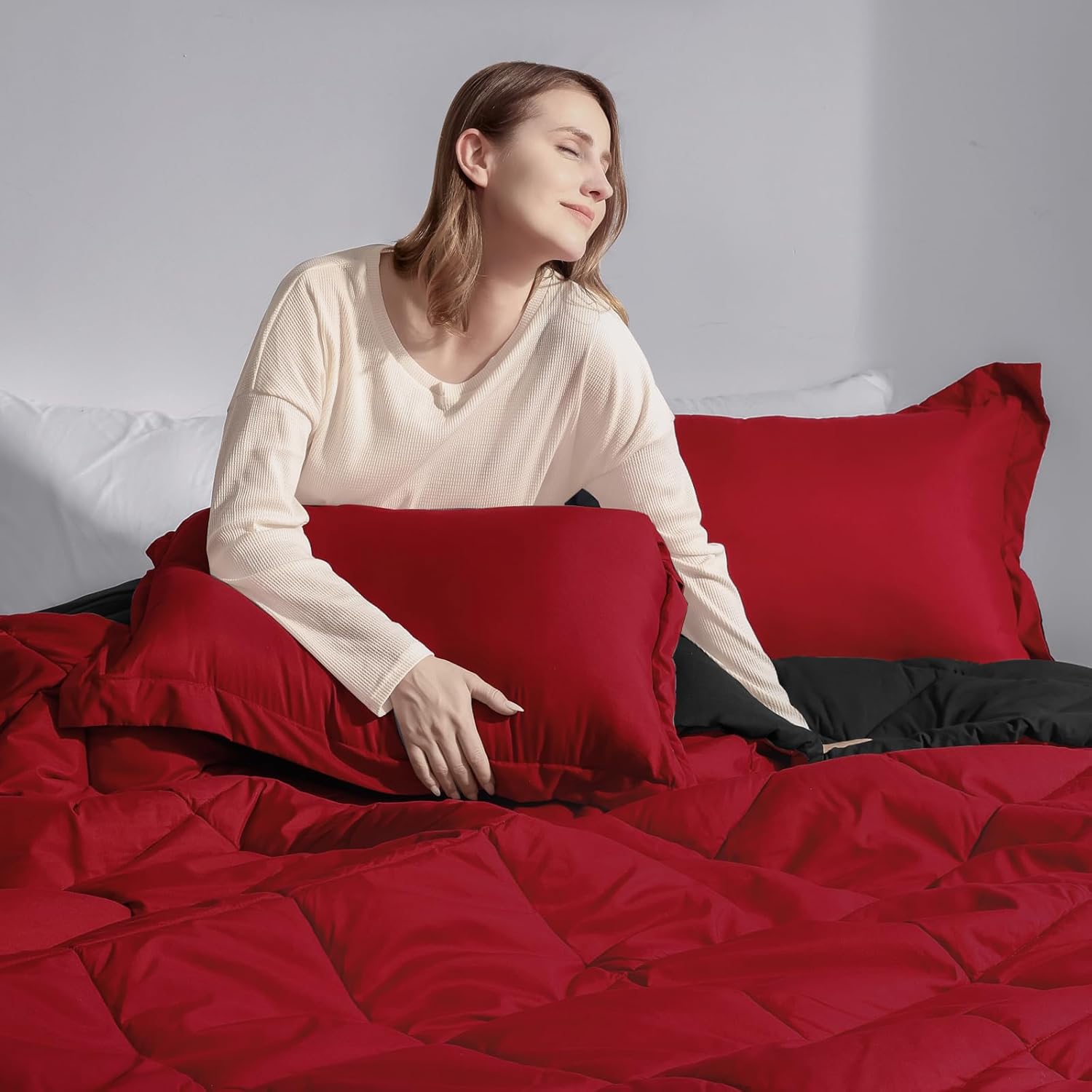 Basic Beyond Down juego de edredón alternativo  edredón de cama reversible para todas las estaciones, Alternativa con plumón, NegroRojo, gemelo