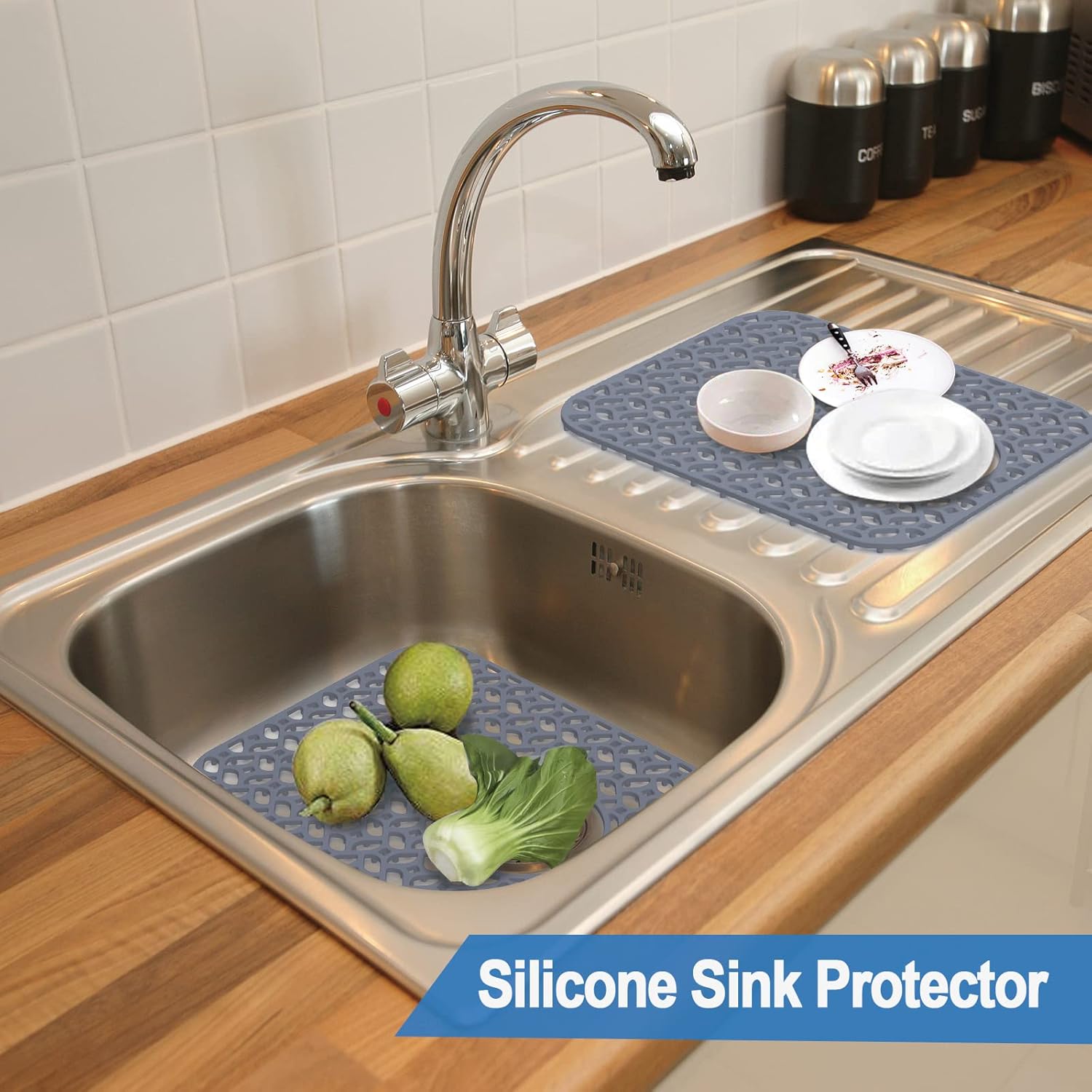 Juego de 2 protectores de silicona para fregadero de cocina de acero inoxidable, antideslizantes, resistentes a los arañazos (drenaje trasero, gris,