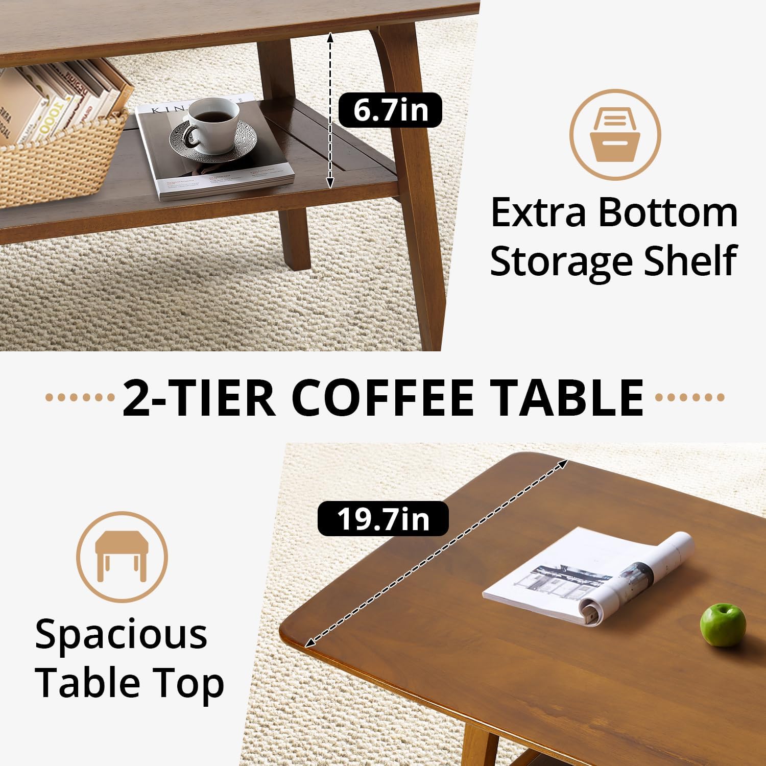 Mesa auxiliar, mesa de centro de madera de alta gama con estante de almacenamiento y mesa abierta, mesa auxiliar rectangular de 2 niveles para sala