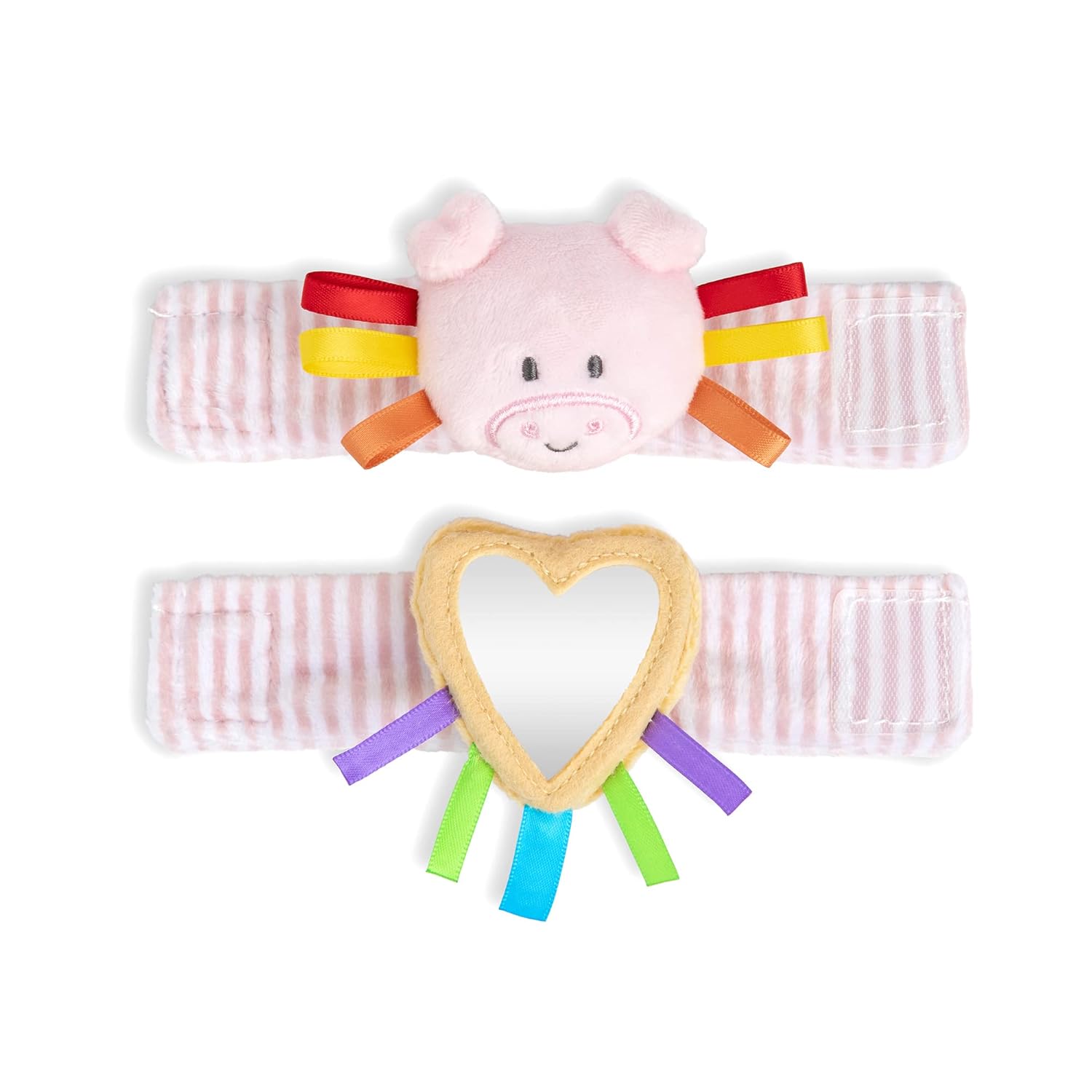 DEMDACO Juego de actividades de sonajero y espejo de muñeca de bebé de 3 a 6 meses de color rosa y amarillo