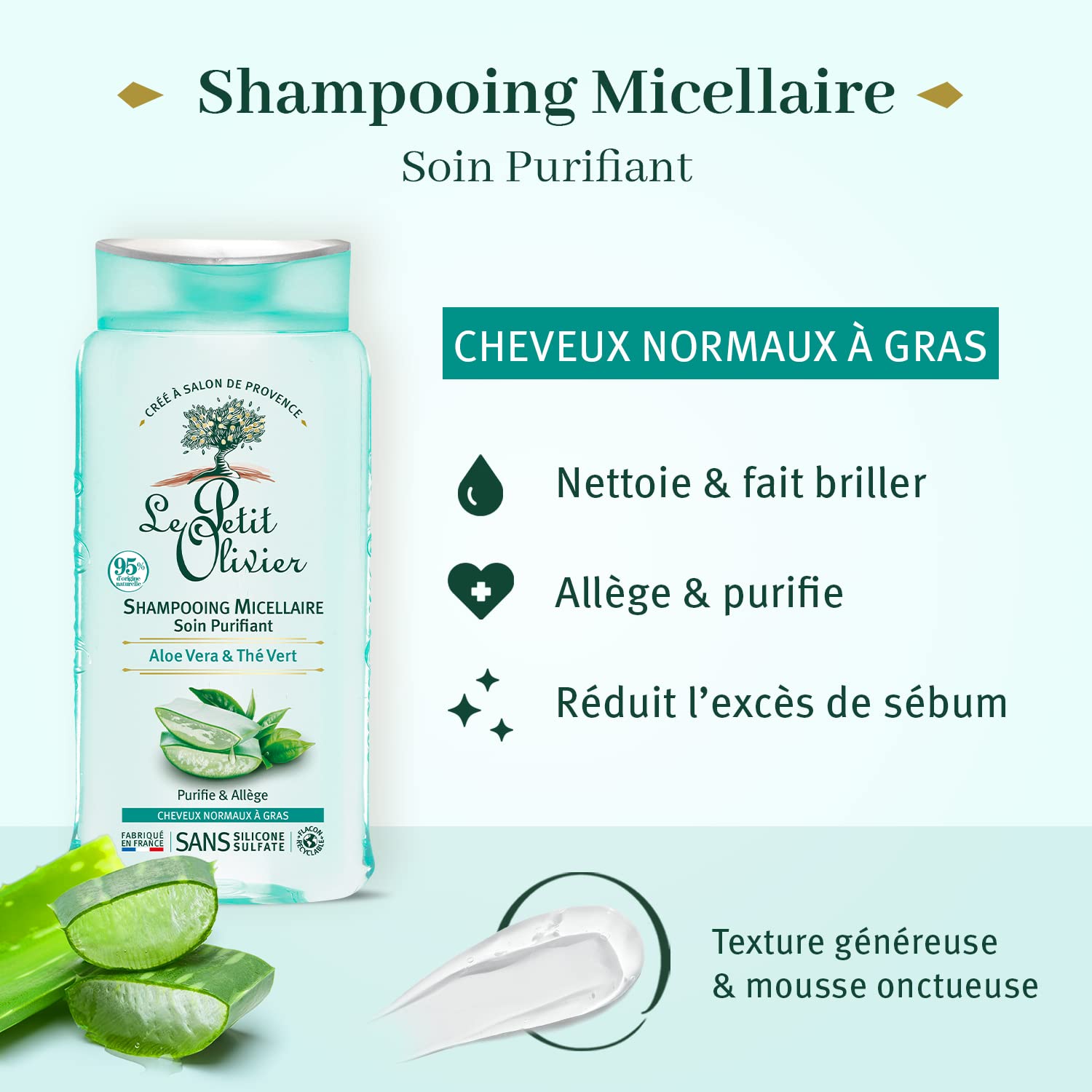 Le Petit Olivier Champú Micelar Purificante – Aloe Vera y té verde – Limpia el cabello – Reduce el exceso de sebo – Adecuado para cabello normal a