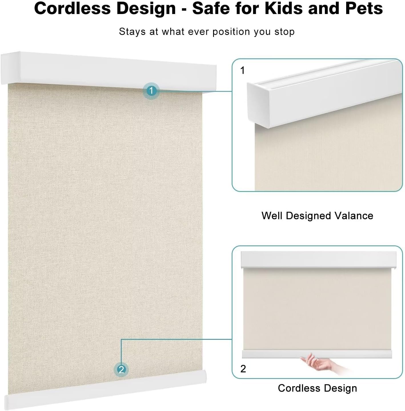Changshade Persianas enrollables opacas para ventanas, persianas enrollables personalizadas sin cordón con cenefa, protección UV y aislamiento