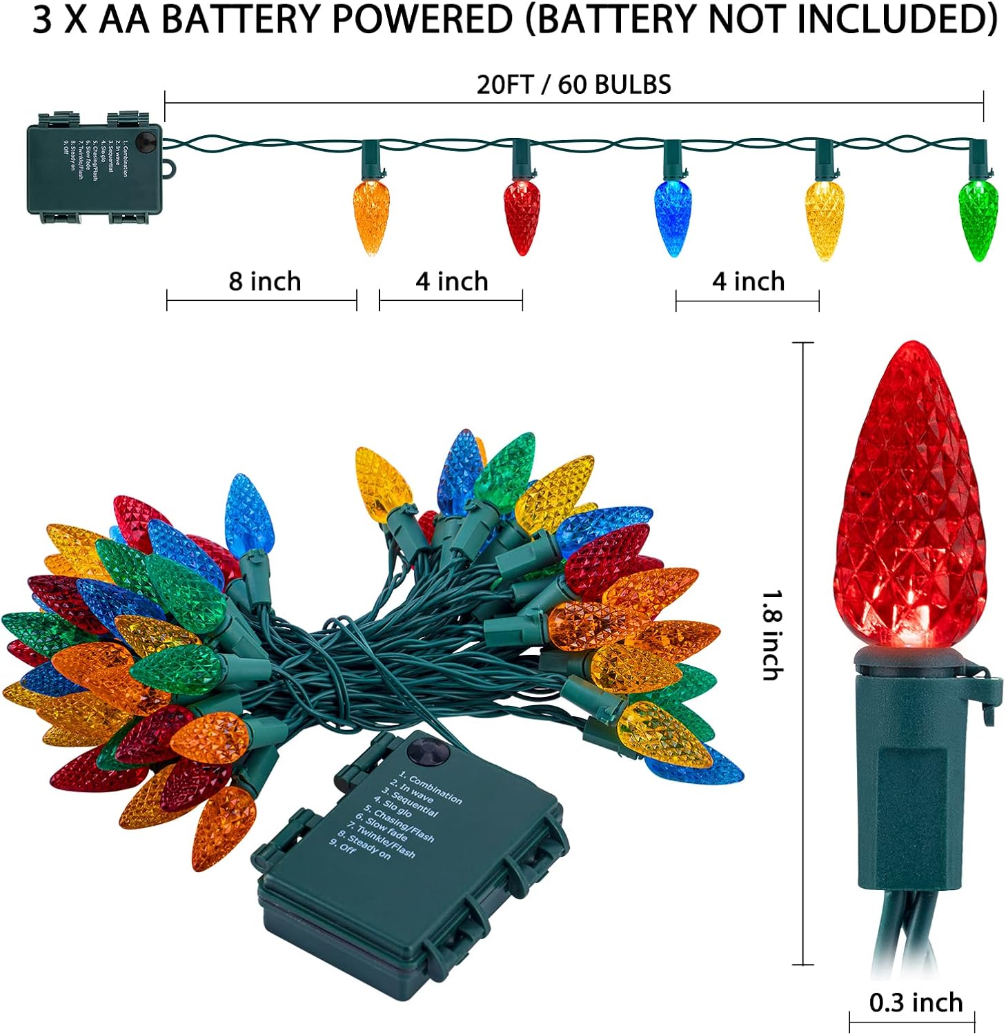 C6 – Guirnalda de luces LED de Navidad, paquete de 2 tiras de luces de fresa de 20 pies con 60 luces LED con temporizador y 8 modos de luz para